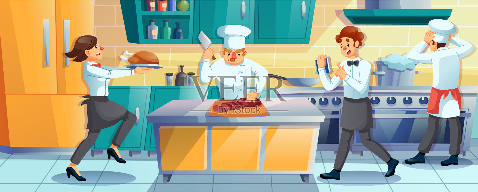 工作的餐厅工作人员在厨房做饭插画图片素材