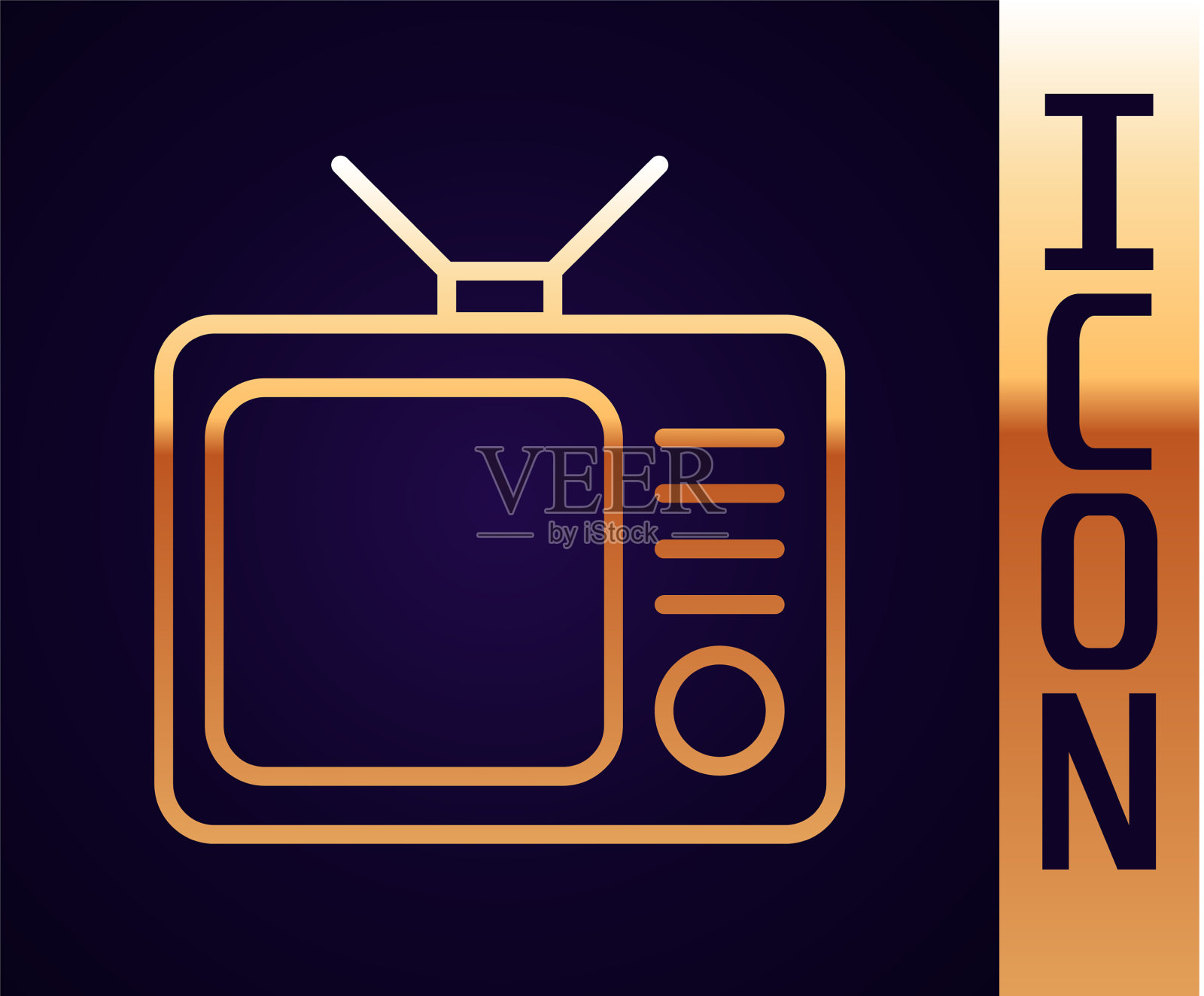 金色线复古电视图标孤立在黑色插画图片素材