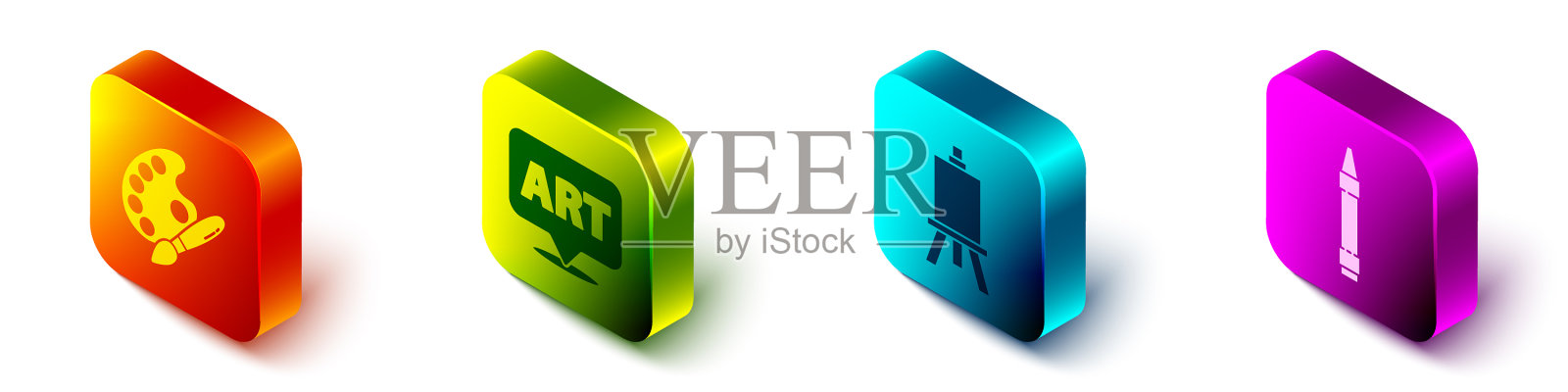 设置等距油漆刷与调色板讲话图标素材