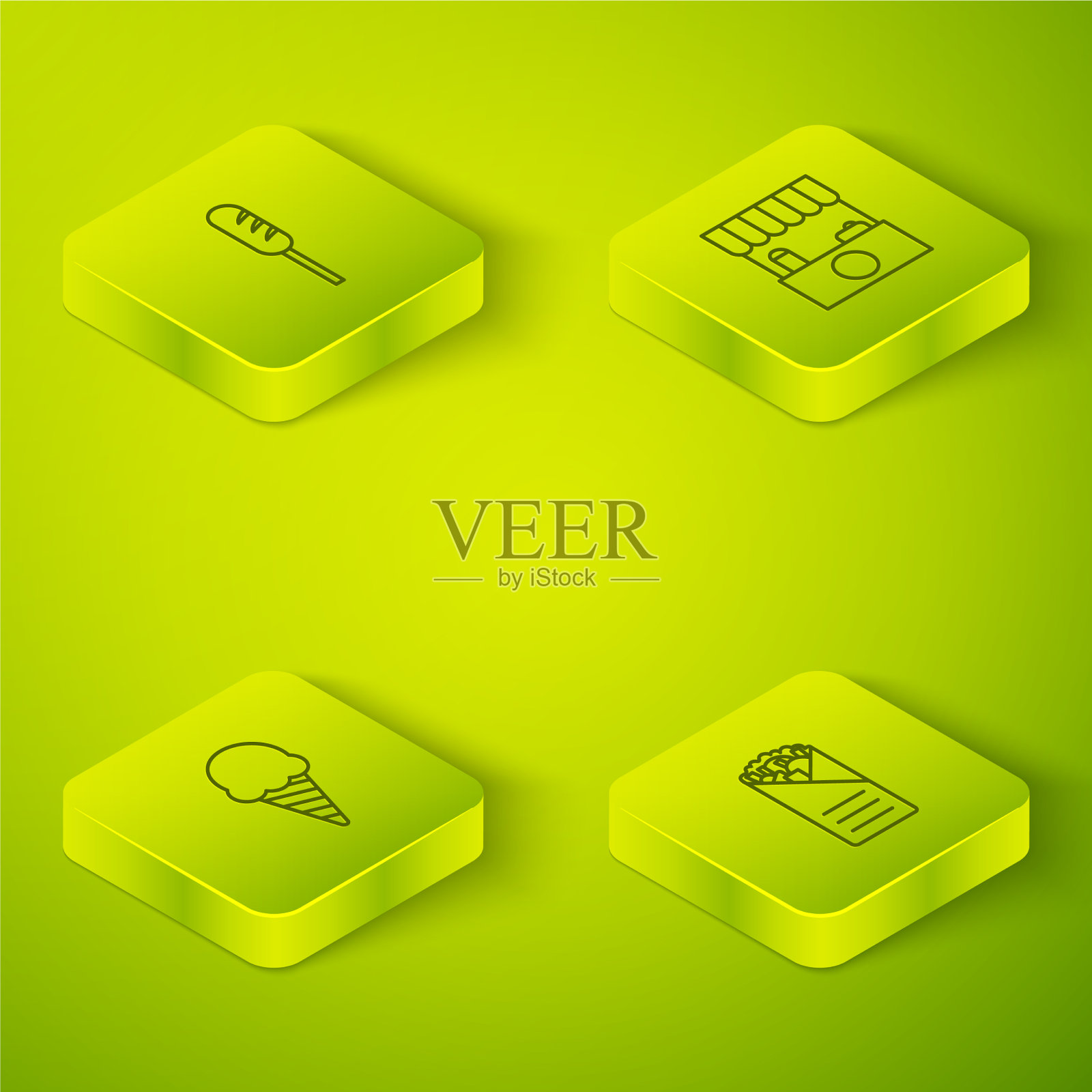 设置等距的街道摊位与遮阳冰淇淋图标素材