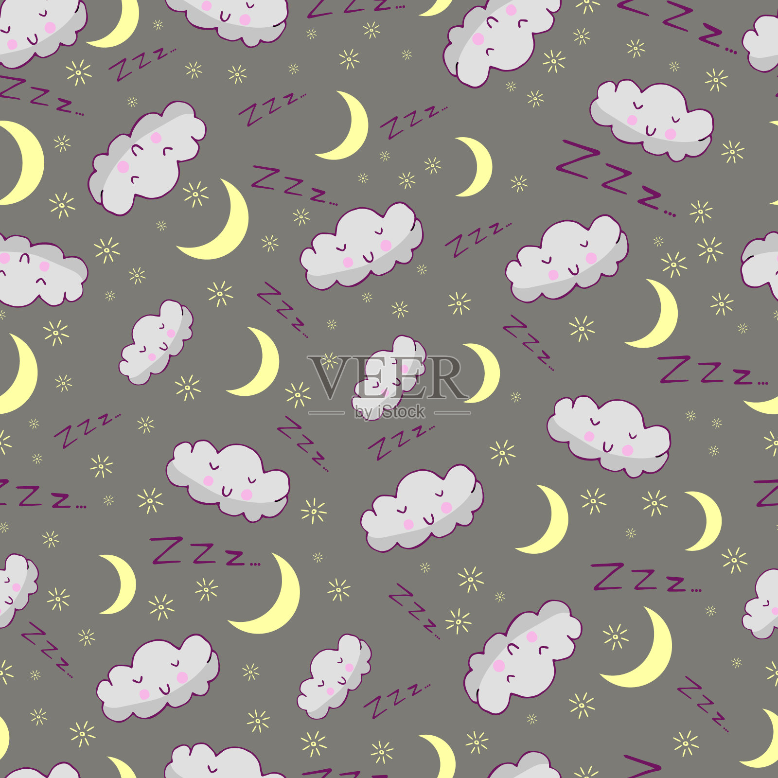 无缝模式与月亮和云在灰色背景插画图片素材