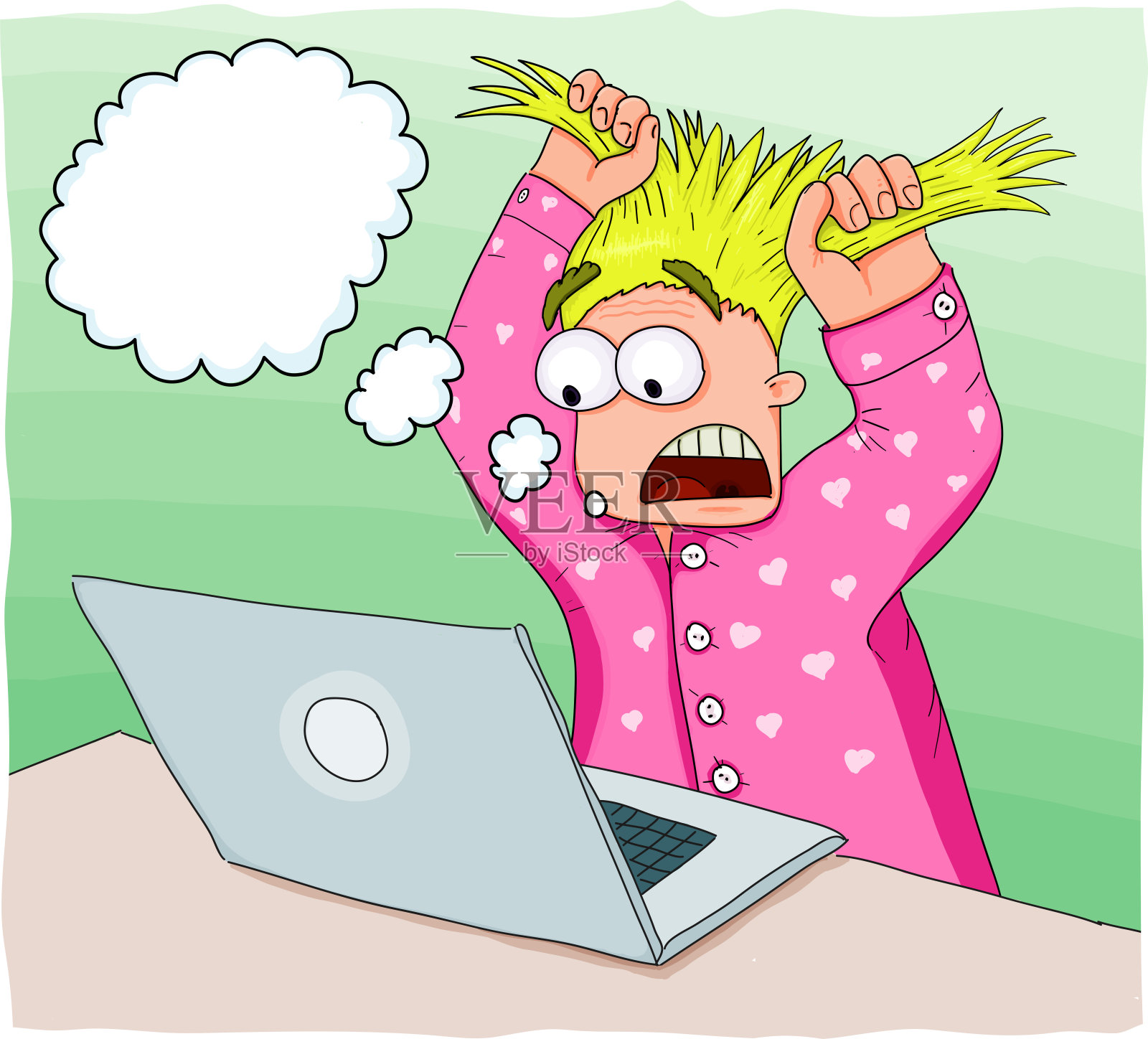 一个男人用笔记本电脑在恐慌中抓头发。有趣的卡通插图。设计元素图片