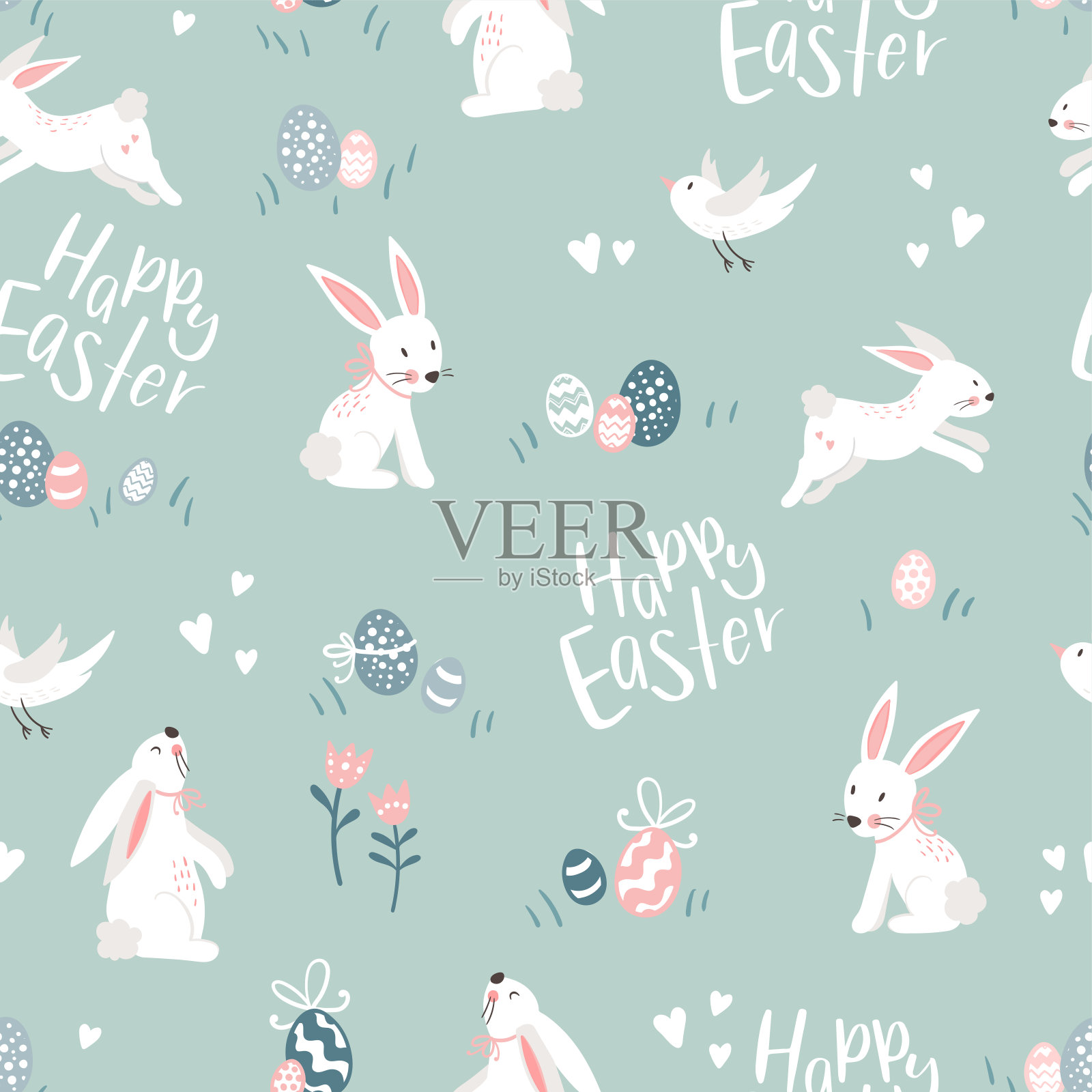 可爱的手绘复活节无缝图案与可爱的兔子和装饰，伟大的纺织品，横幅，壁纸，包装矢量设计插画图片素材