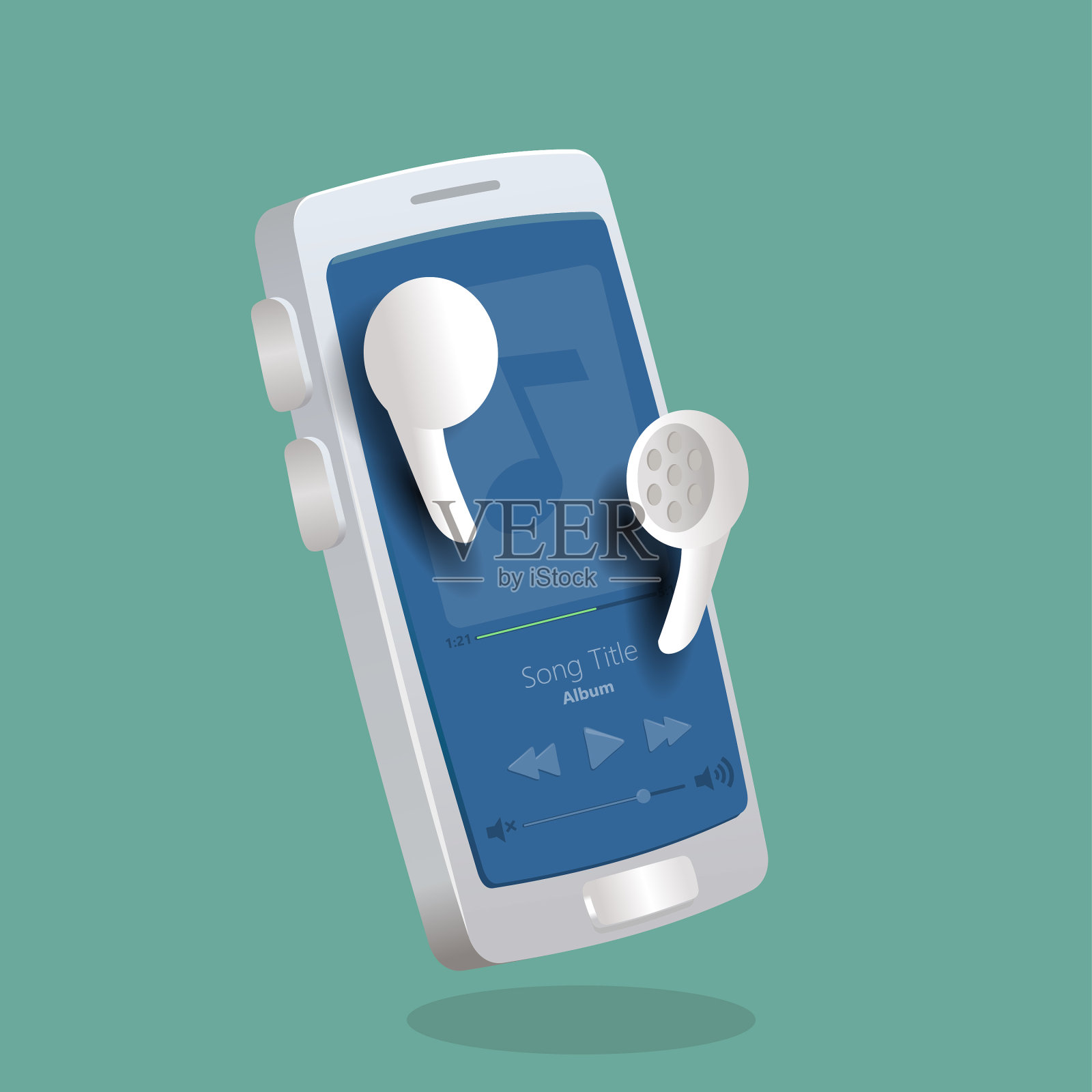 智能手机手机音乐播放器应用与无线耳机。3 d矢量图插画图片素材