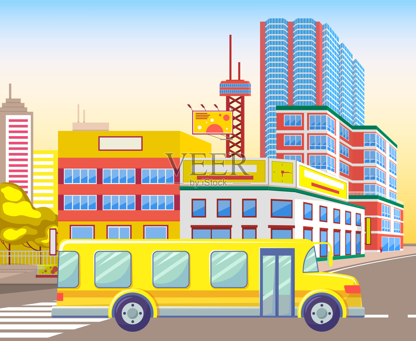 校车乘坐城市，城镇与房屋向量插画图片素材