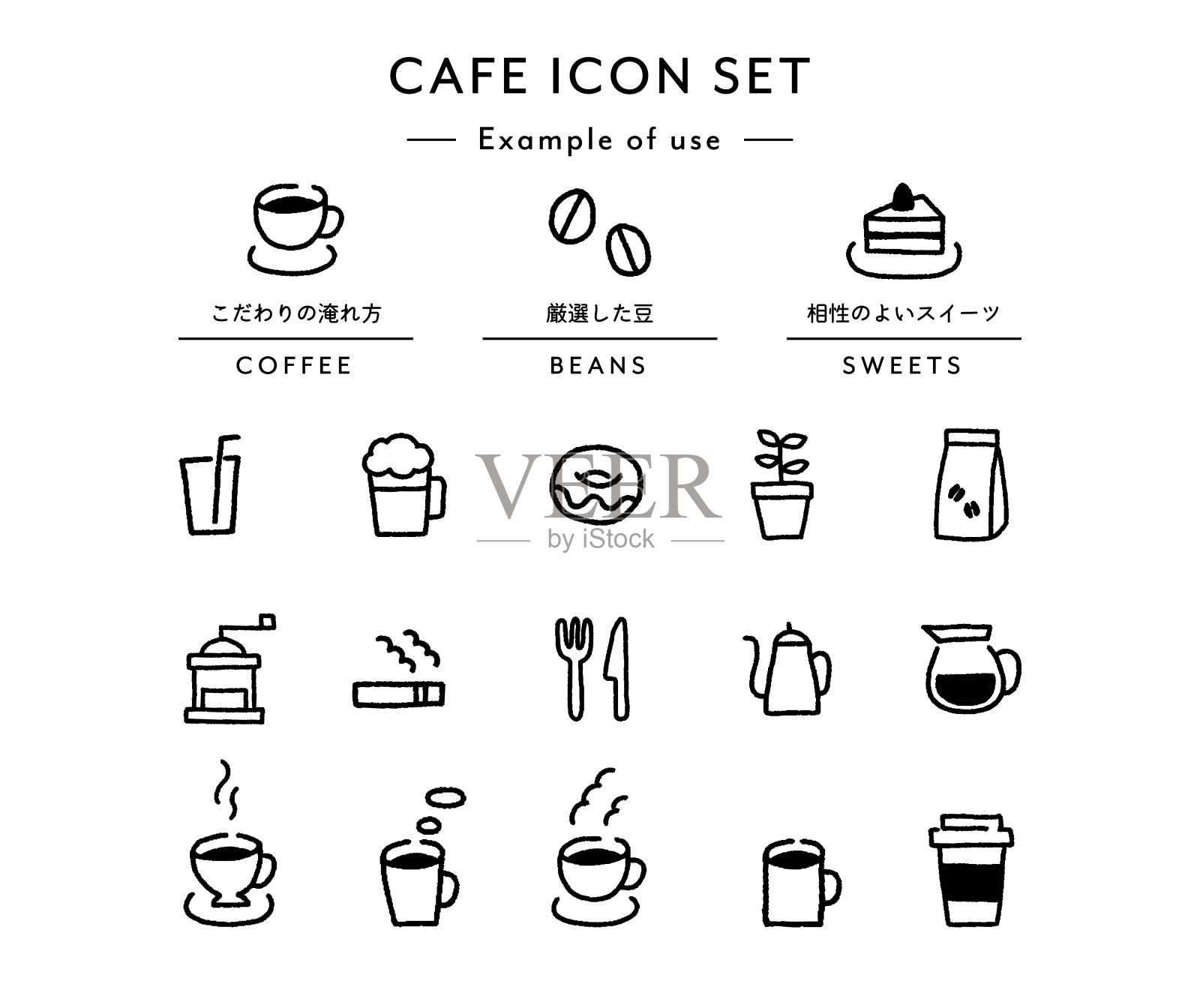 一组手绘的咖啡馆图标。有咖啡、马克杯、咖啡豆、茶杯等。这个日语单词的意思是“特殊的酿造方法”、“精心挑选的豆子”和“相配的糖果”。图标素材