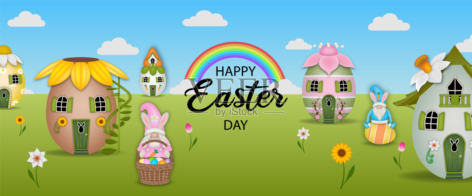 复活节快乐，带有蛋形房屋和地精的横幅设计模板素材