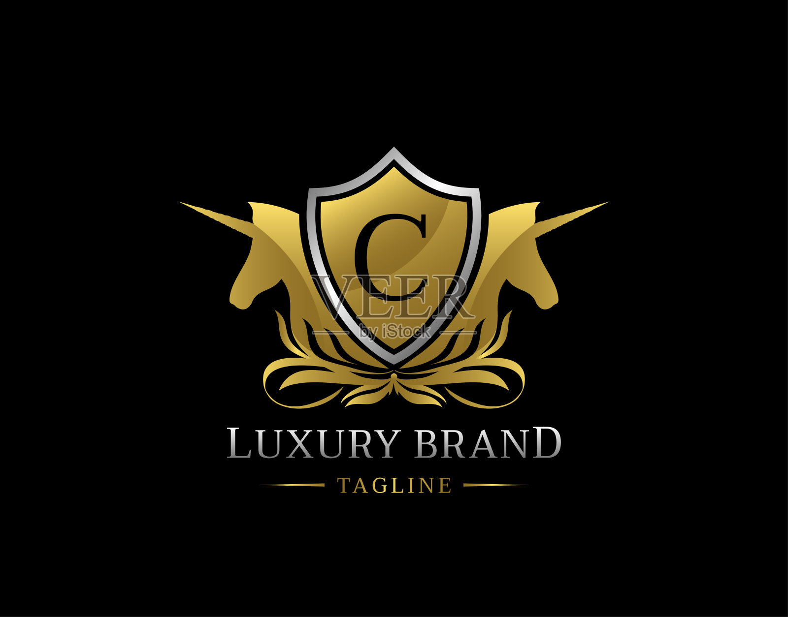 皇家独角兽C字母金盾矢量设计。插画图片素材