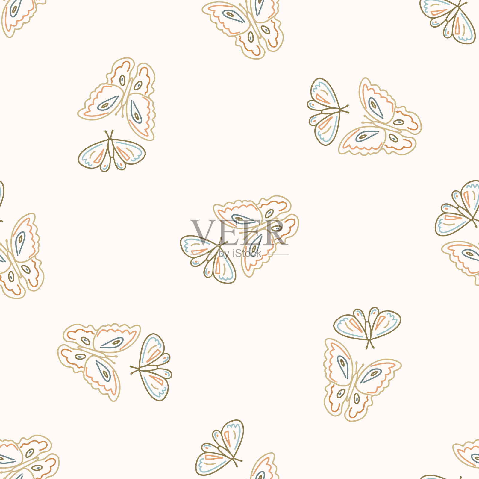 背景无缝燕尾蝶性别中性图案。异想天开的极简大地色调。儿童托儿所墙纸或波西米亚卡通昆虫时尚全印花。插画图片素材