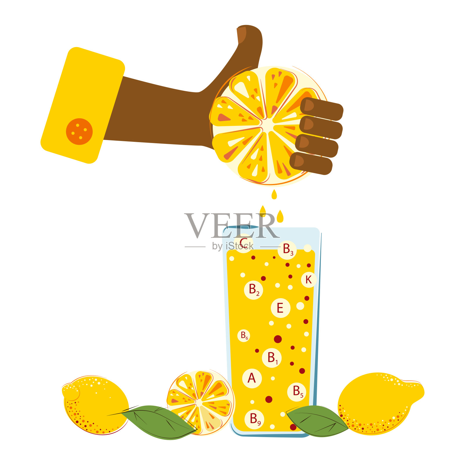 手正在挤出杯子里的维生素柠檬汁。成熟的柠檬汁在桌子上。插画图片素材