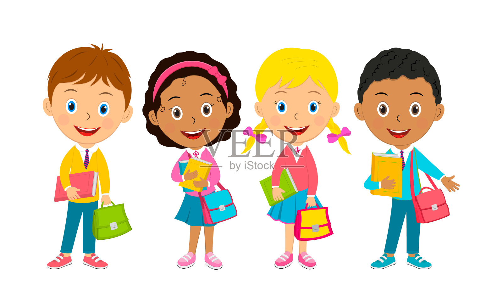 可爱的卡通孩子拿着书和包站在那里插画图片素材