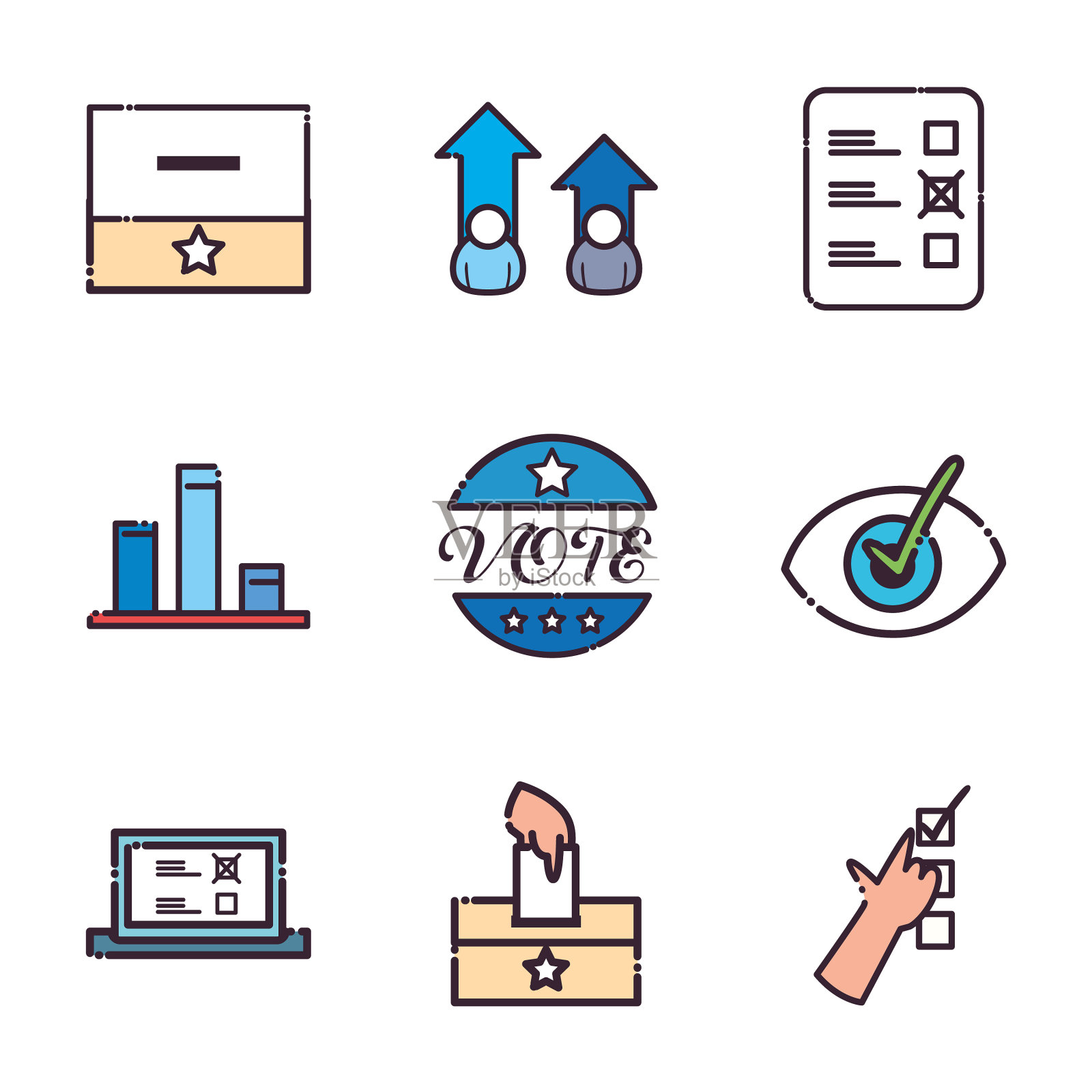 民主线和填充样式图标集合插画图片素材