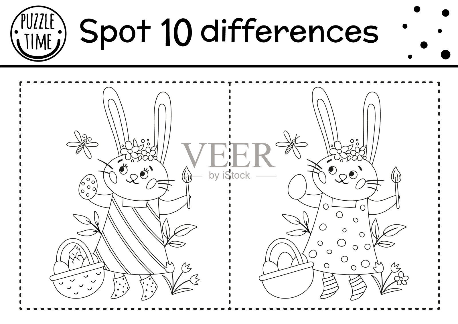 复活节是孩子们寻找差异的游戏。节日的黑白教育活动和涂色页与有趣的兔子涂色蛋。春季季节可打印的工作表与可爱的性格。插画图片素材
