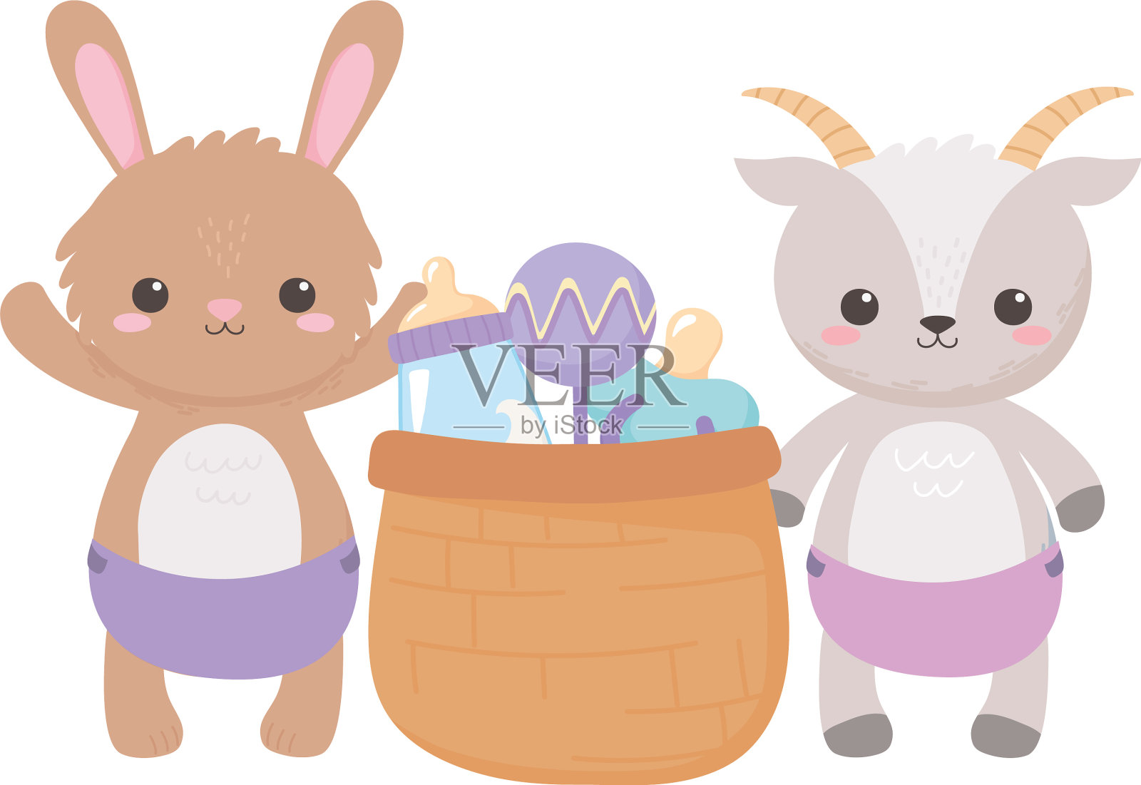 用篮子拨浪鼓给可爱的小兔子山羊洗澡设计元素图片