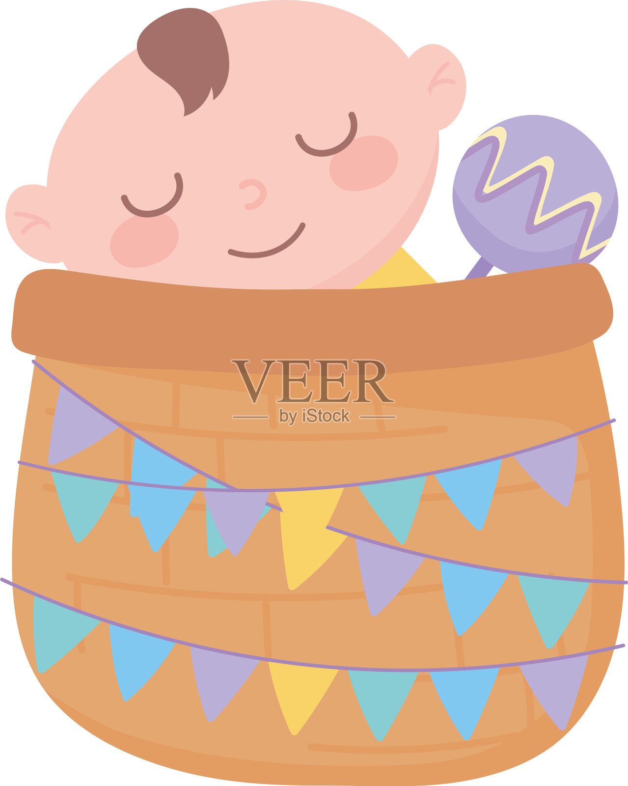 用拨浪鼓给篮子里的小男孩洗澡设计元素图片