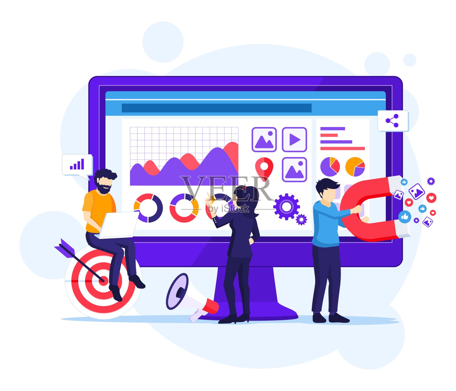 数字营销概念，人们在大屏幕前工作矢量插图设计模板素材