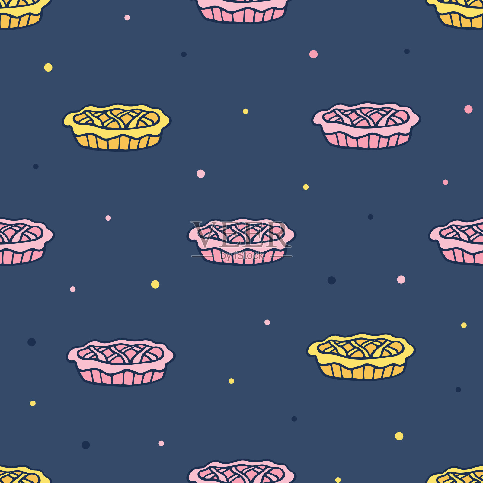 苹果派无缝背景。自制的馅饼的模式。家庭烘焙模式。馅饼的模式。感恩节无缝模式。设计面包店，糕点，糖果的菜单。为烘焙产品设计包装插画图片素材