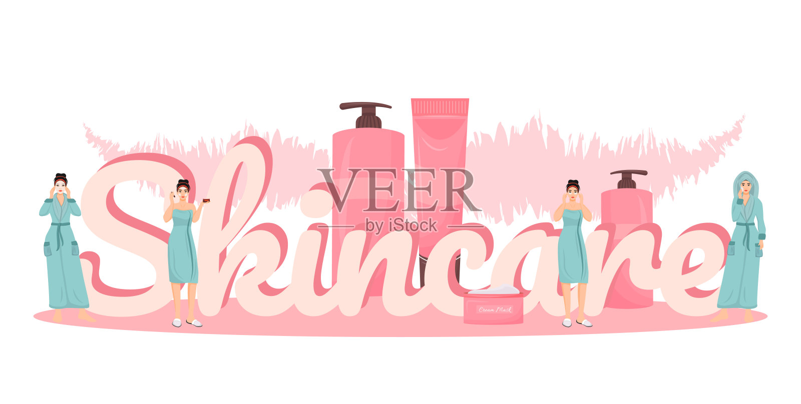 护肤字概念平面色彩向量横幅。皮肤产品和程序。孤立的排版与微小的卡通人物。女性皮肤护理日常常规创意插画上的白色插画图片素材