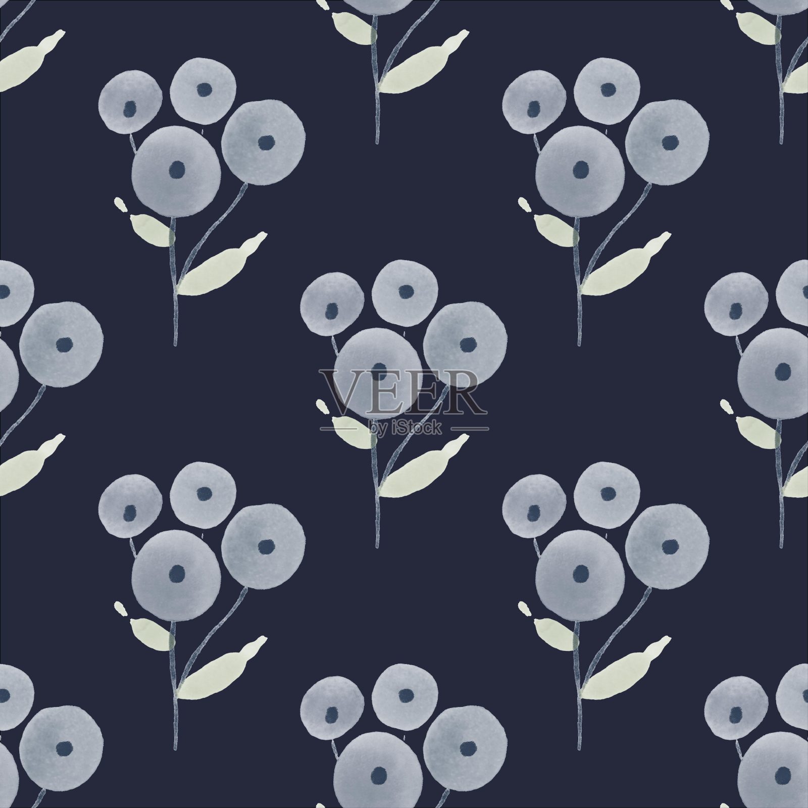 无缝的花卉图案。蓝色的小枝，树叶，树叶和小圆圈上的白色插画图片素材
