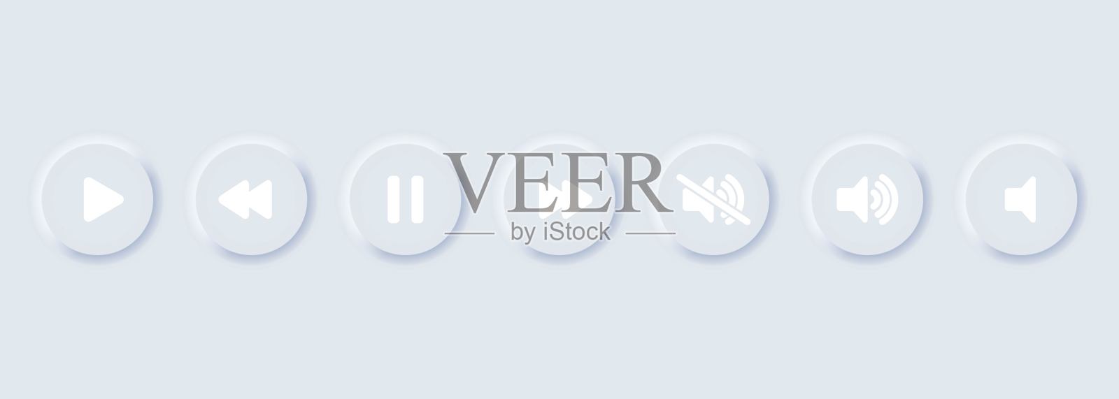 播放，暂停，停止，记录，前进，倒带，上一个，下一个按钮图标设置。多媒体符号、媒体播放器按钮的集合。Neumorphism风格。向量EPS10。在白色背景上隔离图标素材