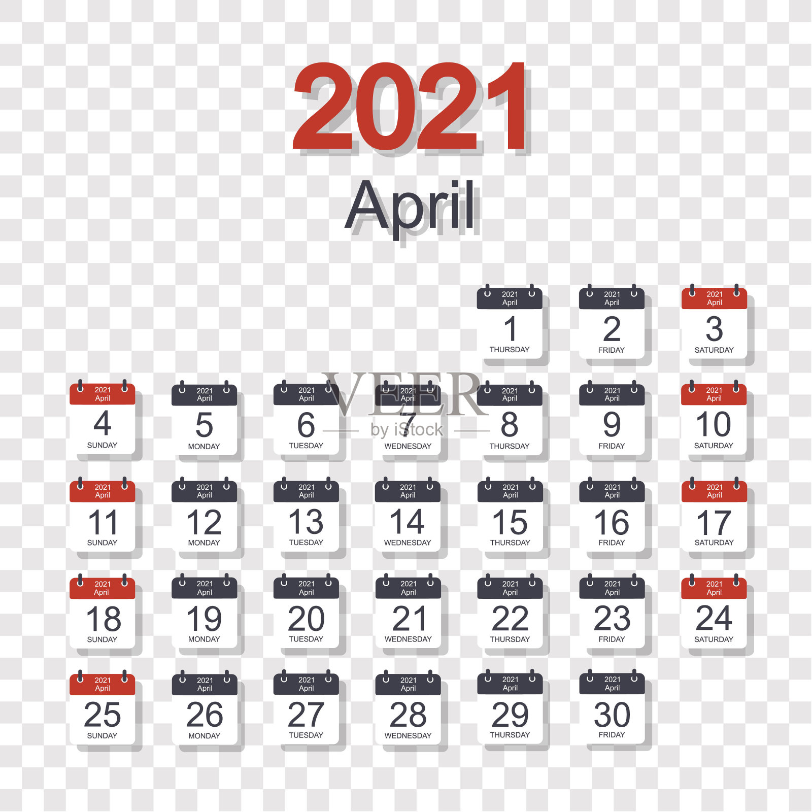 每月日历模板为2021年4月与每日日期。透明背景。一周从周日开始。平的风格设计模板素材