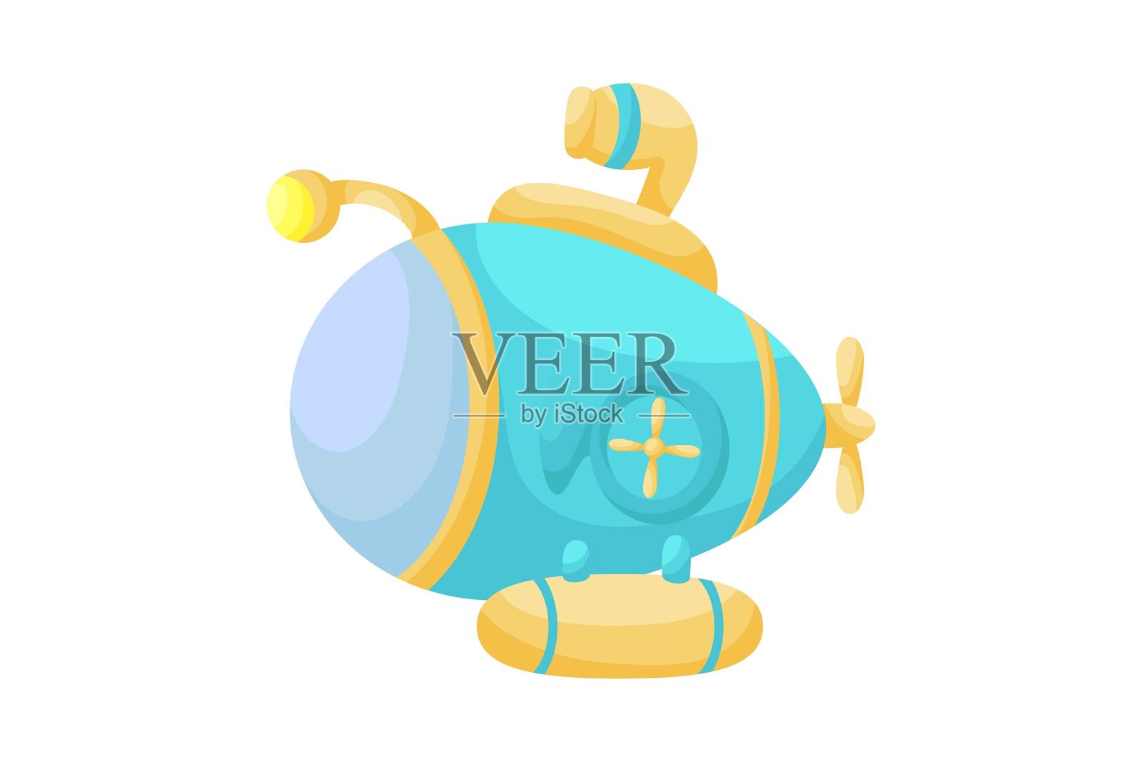 可爱的蓝色潜艇与潜望镜在白色背景。卡通运输的孩子卡片，婴儿送礼会，生日邀请，房子内部。明亮的彩色儿童矢量插图水下潜艇插画图片素材