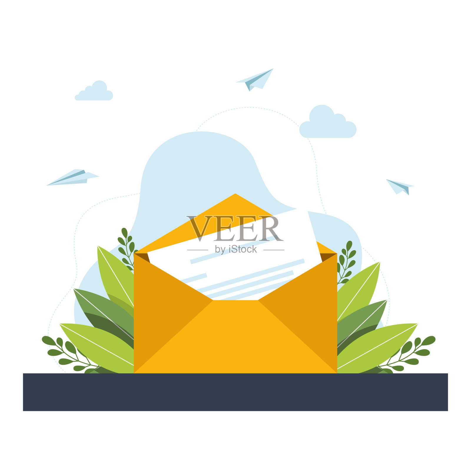 白纸页在开放信封设计与字母和叶子在灰色背景。空开信纸剪自然叶模板。打开装有信件和绿叶的信封。矢量图插画图片素材