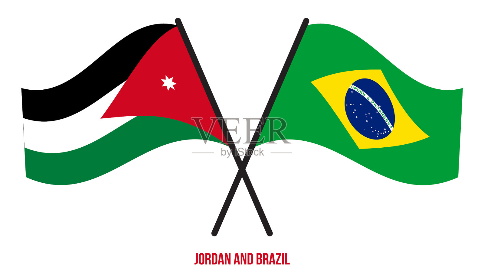 约旦和巴西的国旗交叉飘扬插画图片素材