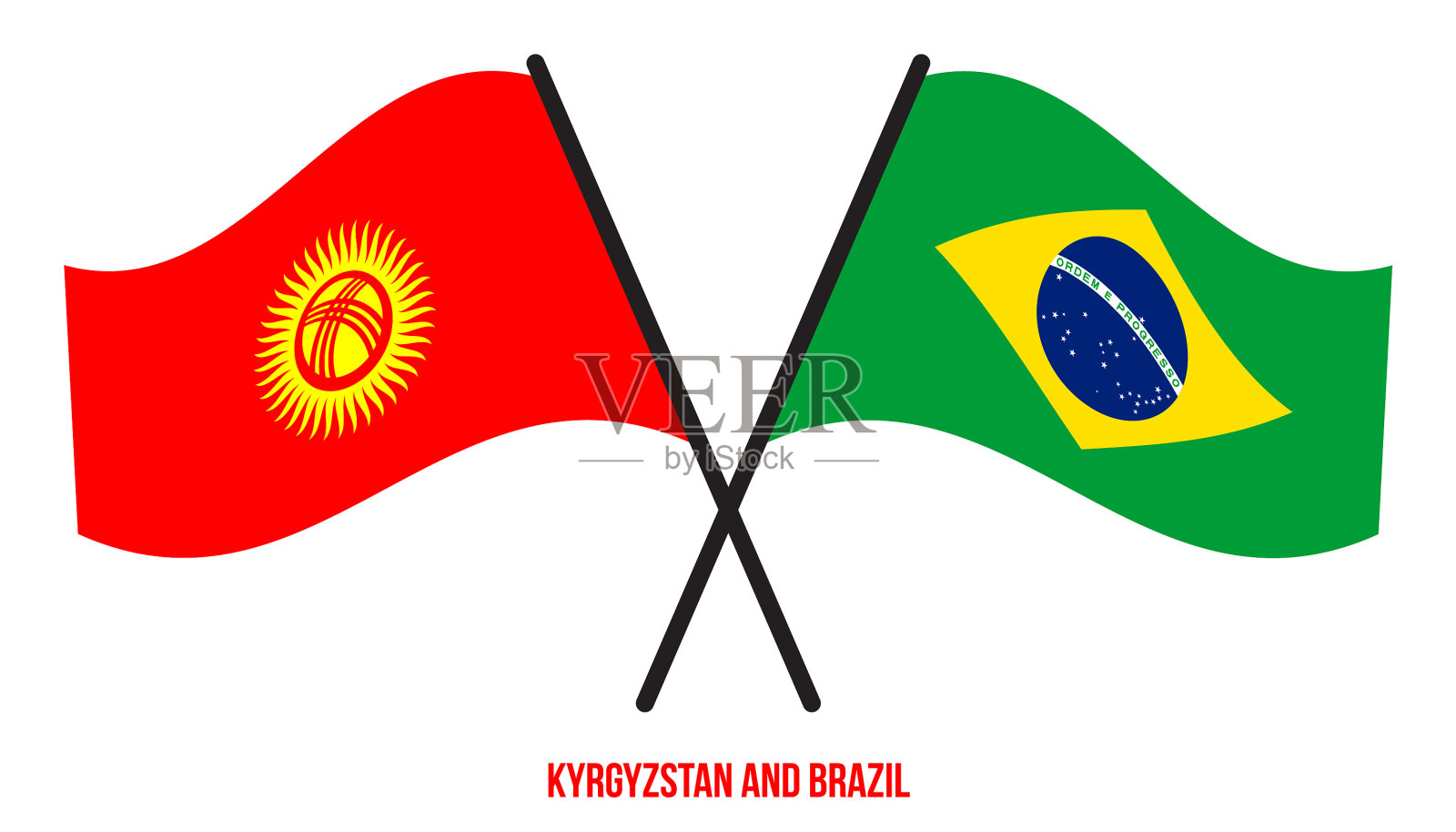 吉尔吉斯斯坦和巴西的国旗交叉飘扬插画图片素材