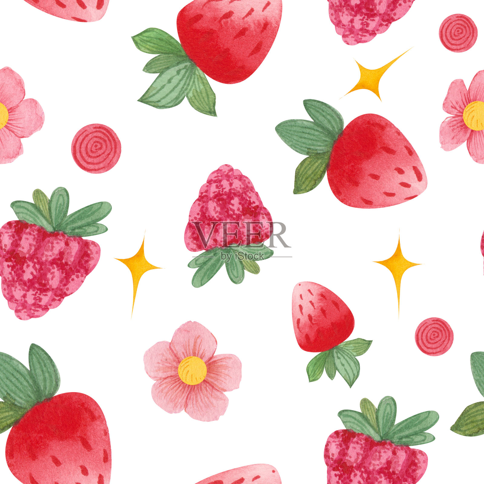 无缝图案与水彩覆盆子和点。插画图片素材