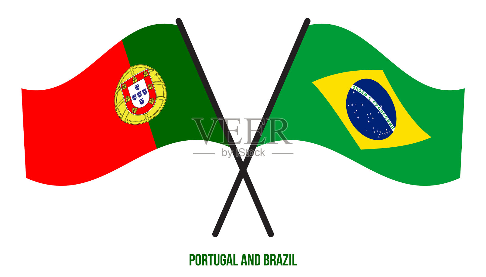 葡萄牙和巴西的国旗交叉飘扬插画图片素材