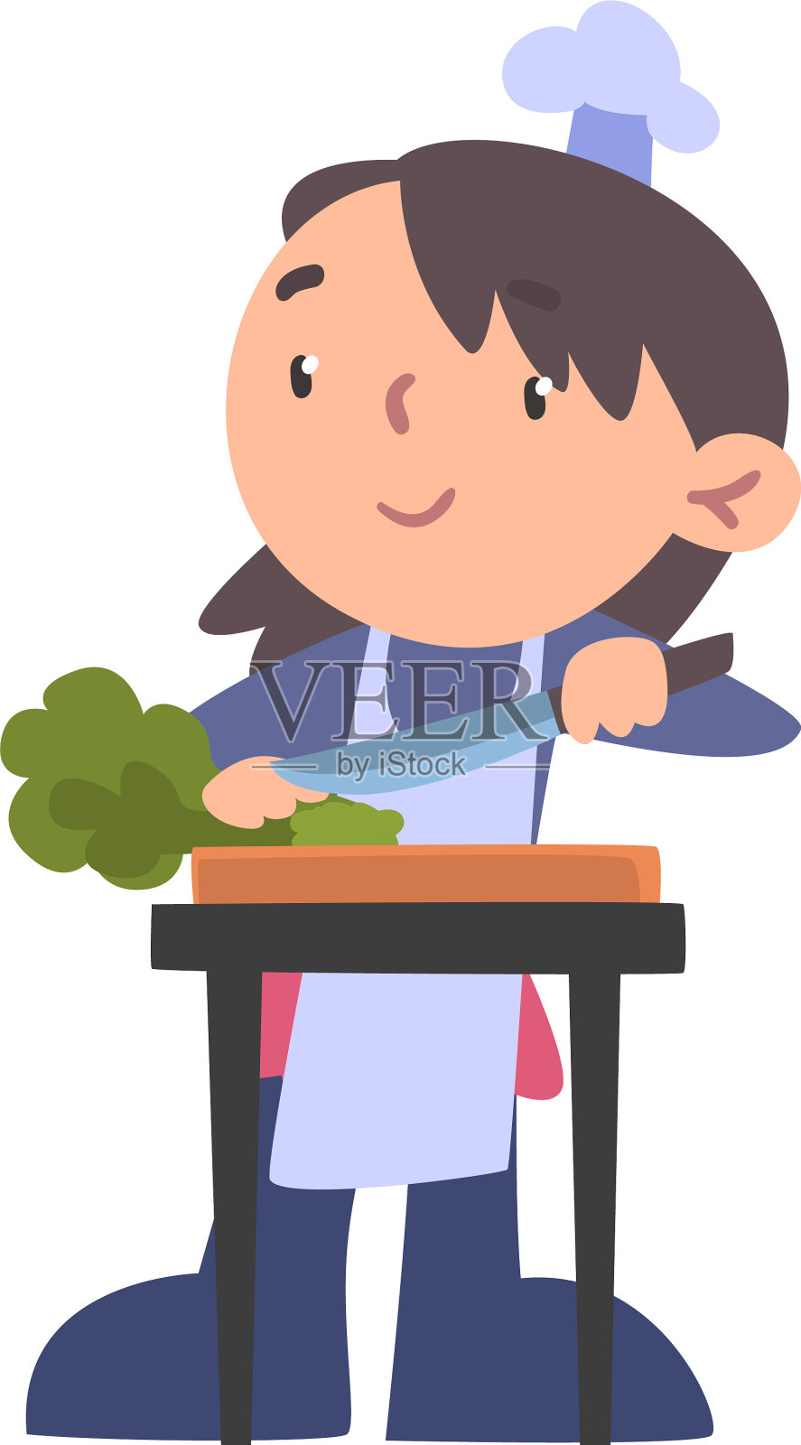 女厨师在木板上切绿色蔬菜，真可爱设计元素图片