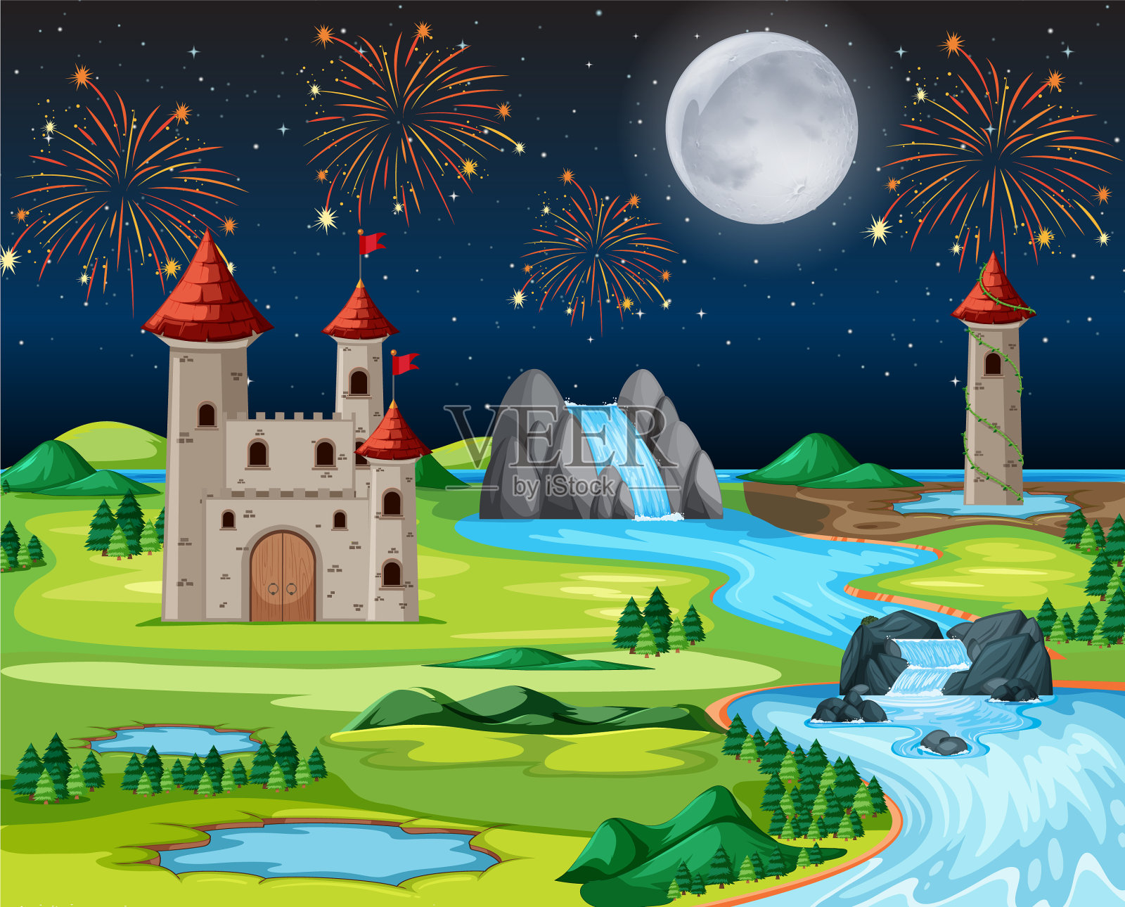 主题夜城堡公园与消防和插画图片素材