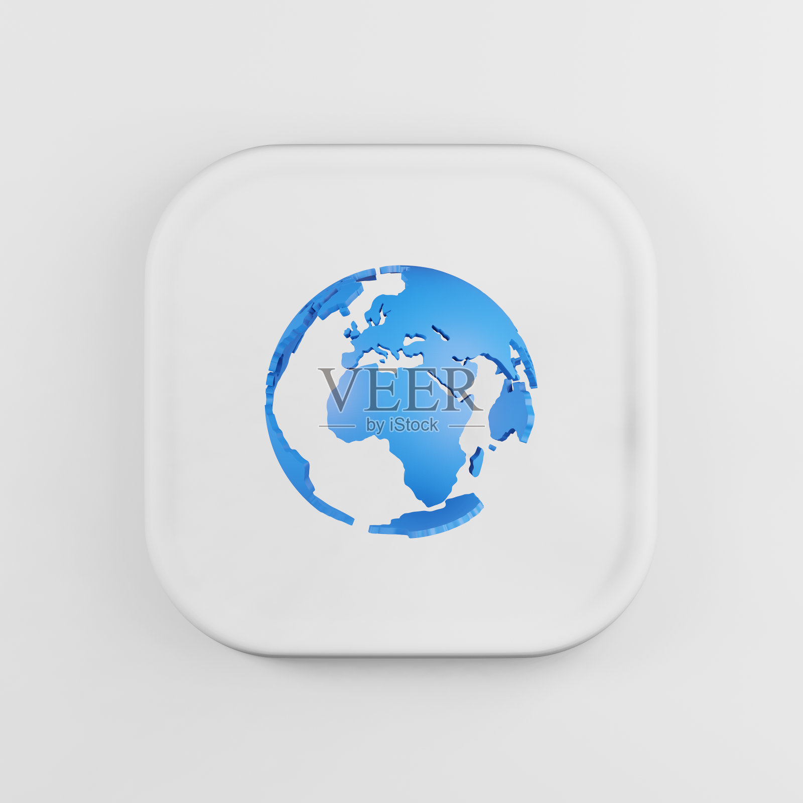 全球图标与大陆卡通风格。3d渲染白色方形按键，界面UI用户体验元素。插画图片素材