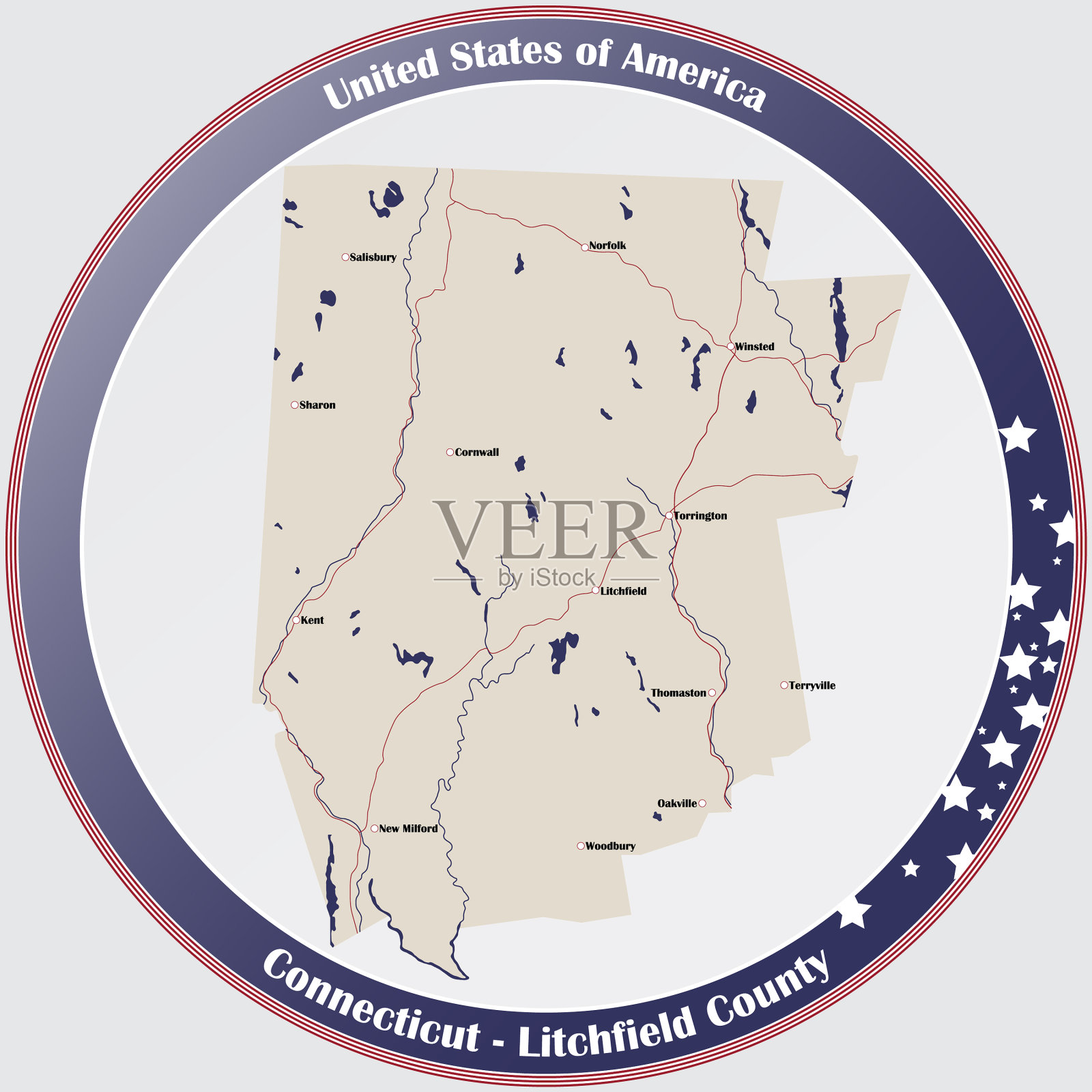 绘制康涅狄格州的利奇菲尔德县插画图片素材