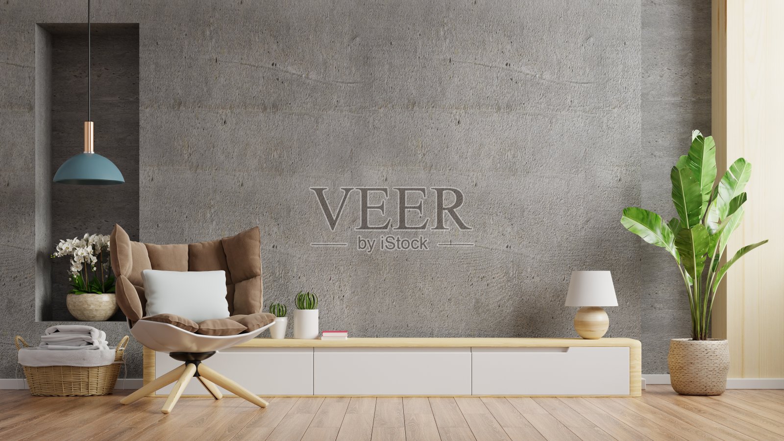 现代客厅的橱柜电视配有扶手椅、台灯、桌子、混凝土墙背景上的鲜花和植物。照片摄影图片