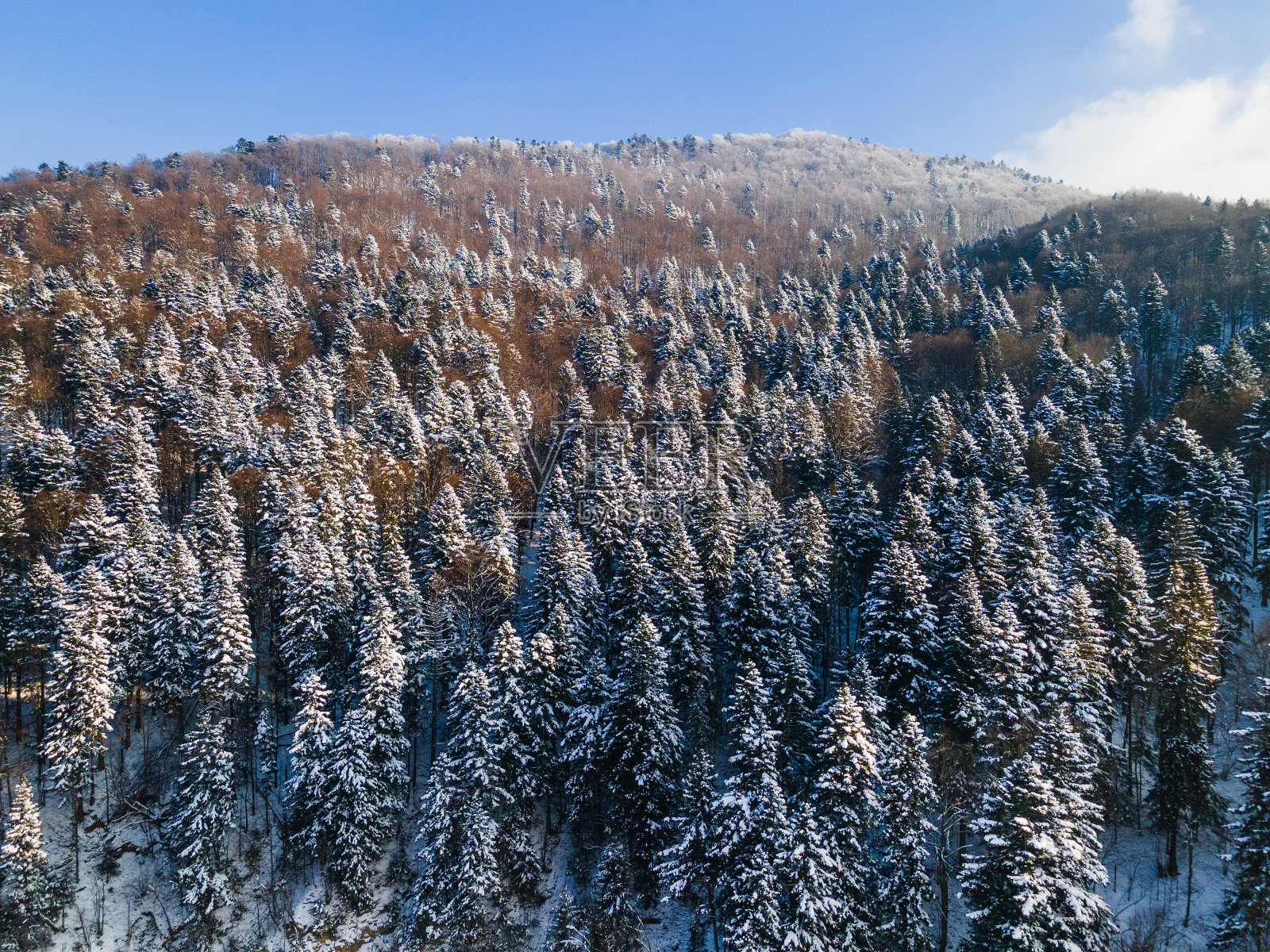冬季，波兰比斯扎迪公园的雪山和山脉。空中无人机视图照片摄影图片