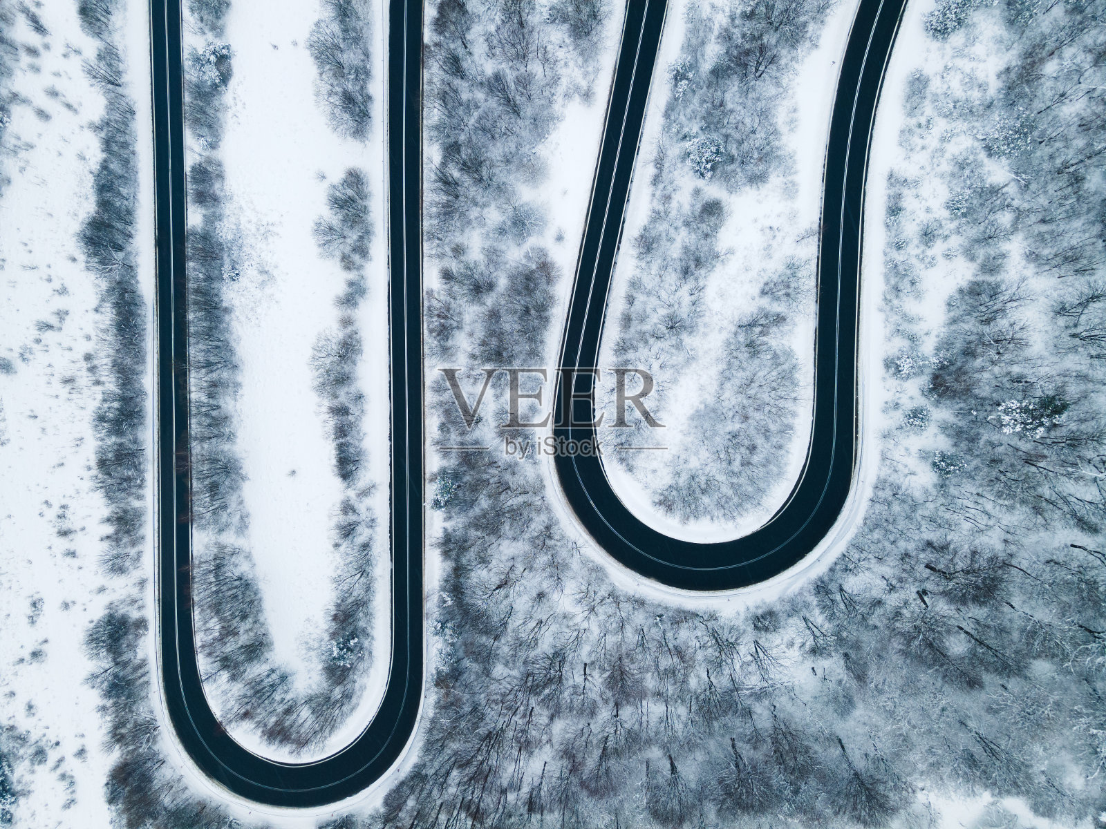 弯曲多风的道路在积雪覆盖的森林，自上而下的无人机视图照片摄影图片