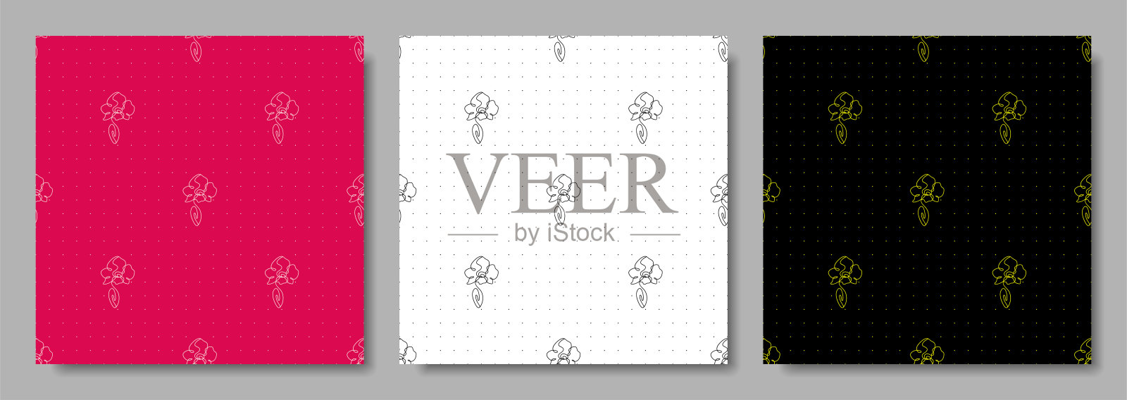 一套轮廓风格的花卉图案。兰花无缝图案。无缝花纹轮廓花。一套花卉图案。手绘设计用于纺织品，织物，壁纸，包装纸，明信片，封面插画图片素材