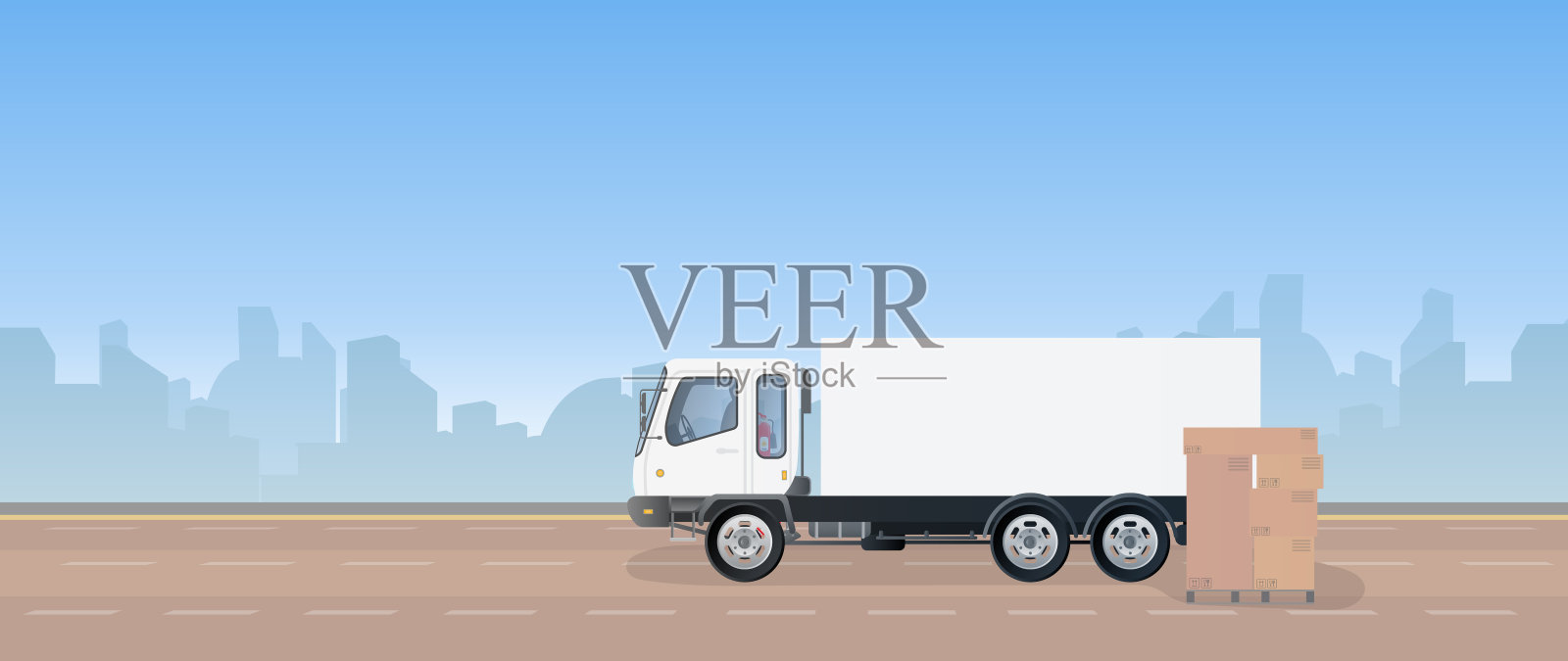 装着箱子的卡车和托盘。一辆卡车停在路上。纸箱盒子。货物交付和装载的概念。向量。设计元素图片