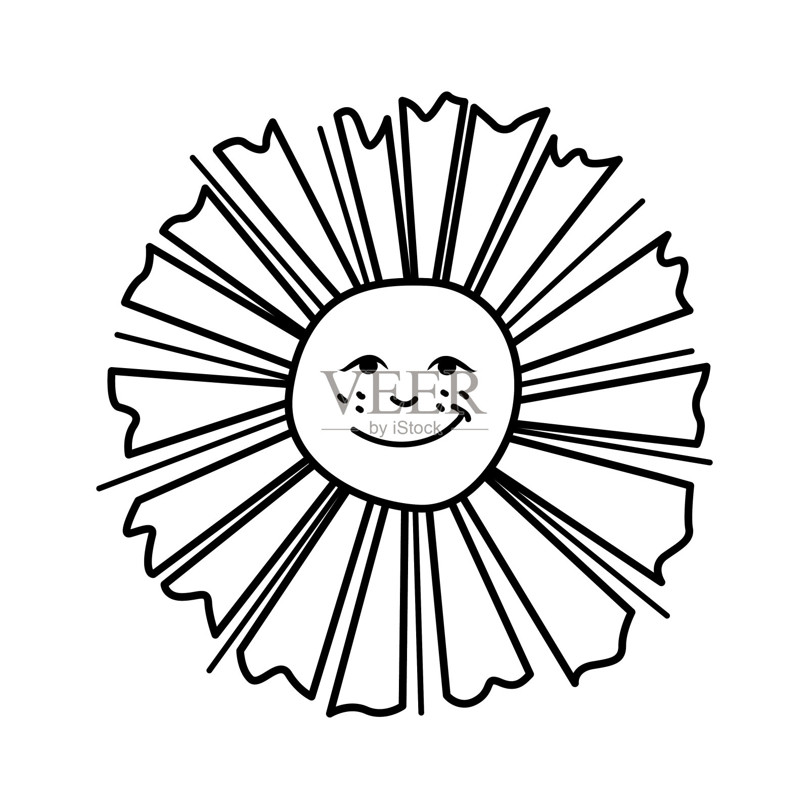 一个微笑的太阳字符在轮廓风格在白色的背景。矢量插图。插画图片素材