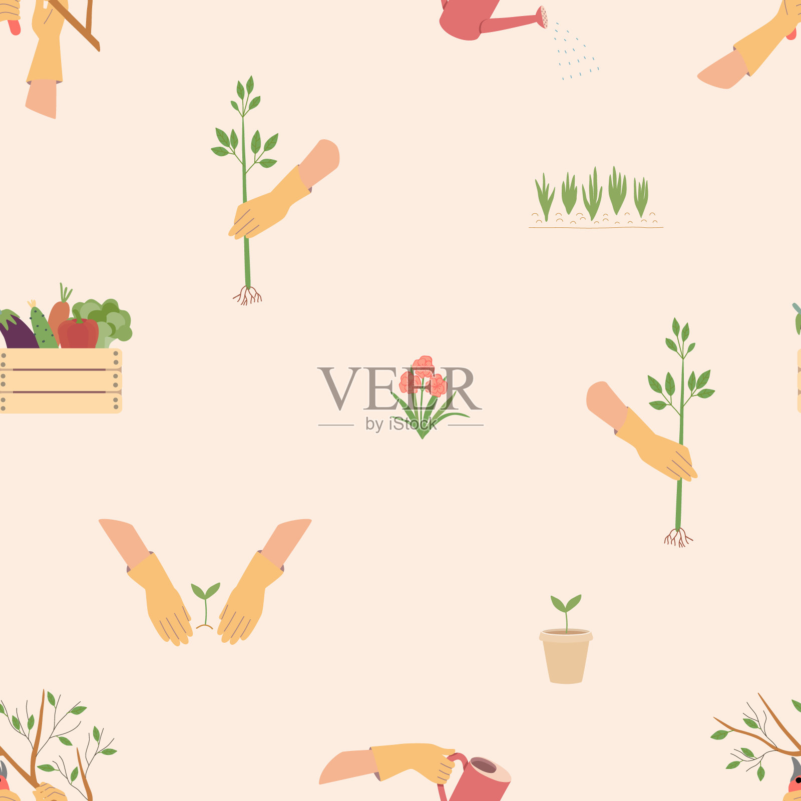 无缝模式与手套手进行园艺活动。矢量插图在黄色和米色。插画图片素材