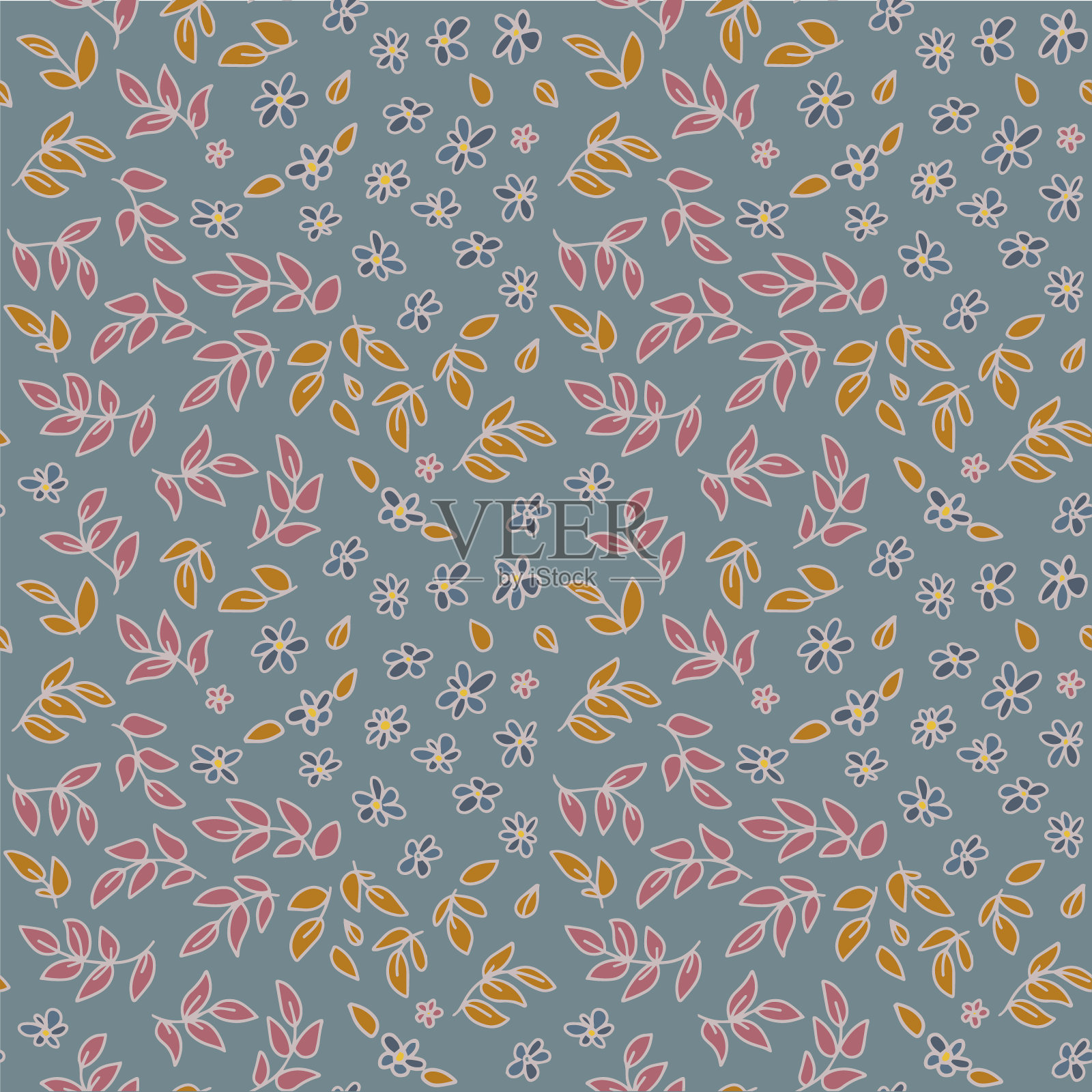 无缝的植物图案。花和树枝与树叶，手绘。柔和的颜色。用于织物、包装纸、家居装饰的夏季装饰品。向量插画图片素材