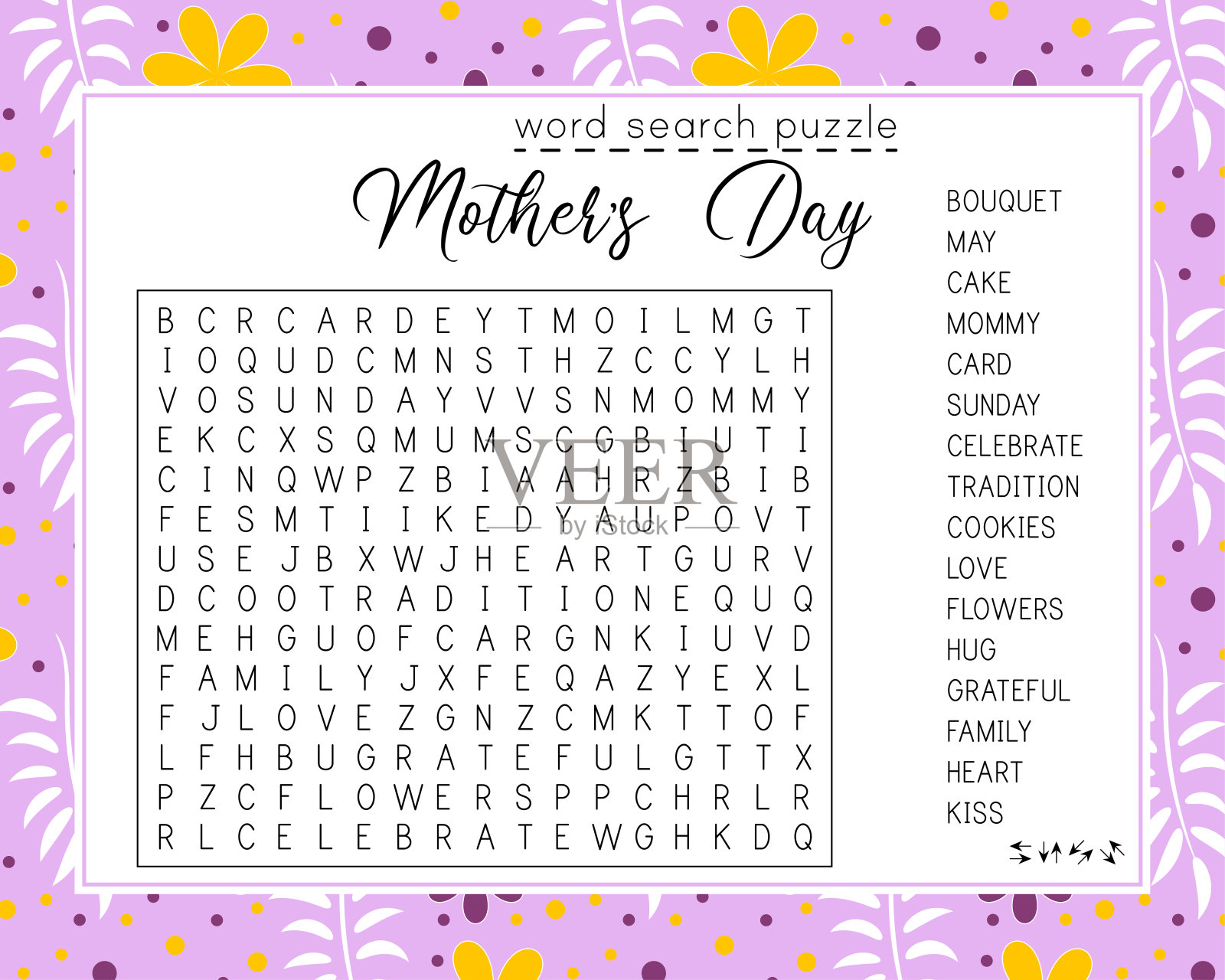 母亲节单词搜索谜题。儿童教育游戏。适合社交媒体发帖的纵横字谜游戏。Сolorful学习英语单词的工作表。插画图片素材
