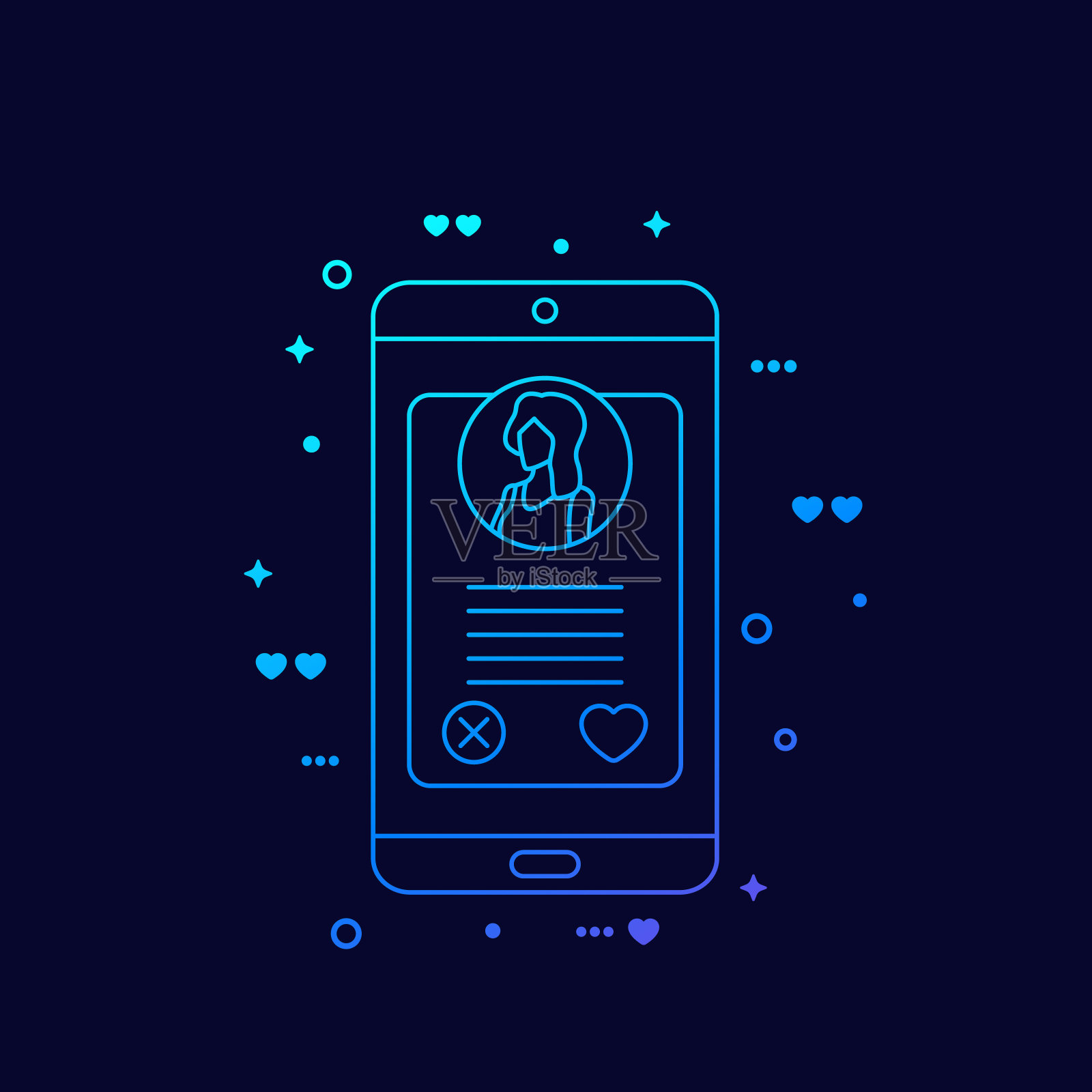 在线约会应用，智能手机屏幕上的女孩资料，线性图标设计模板素材