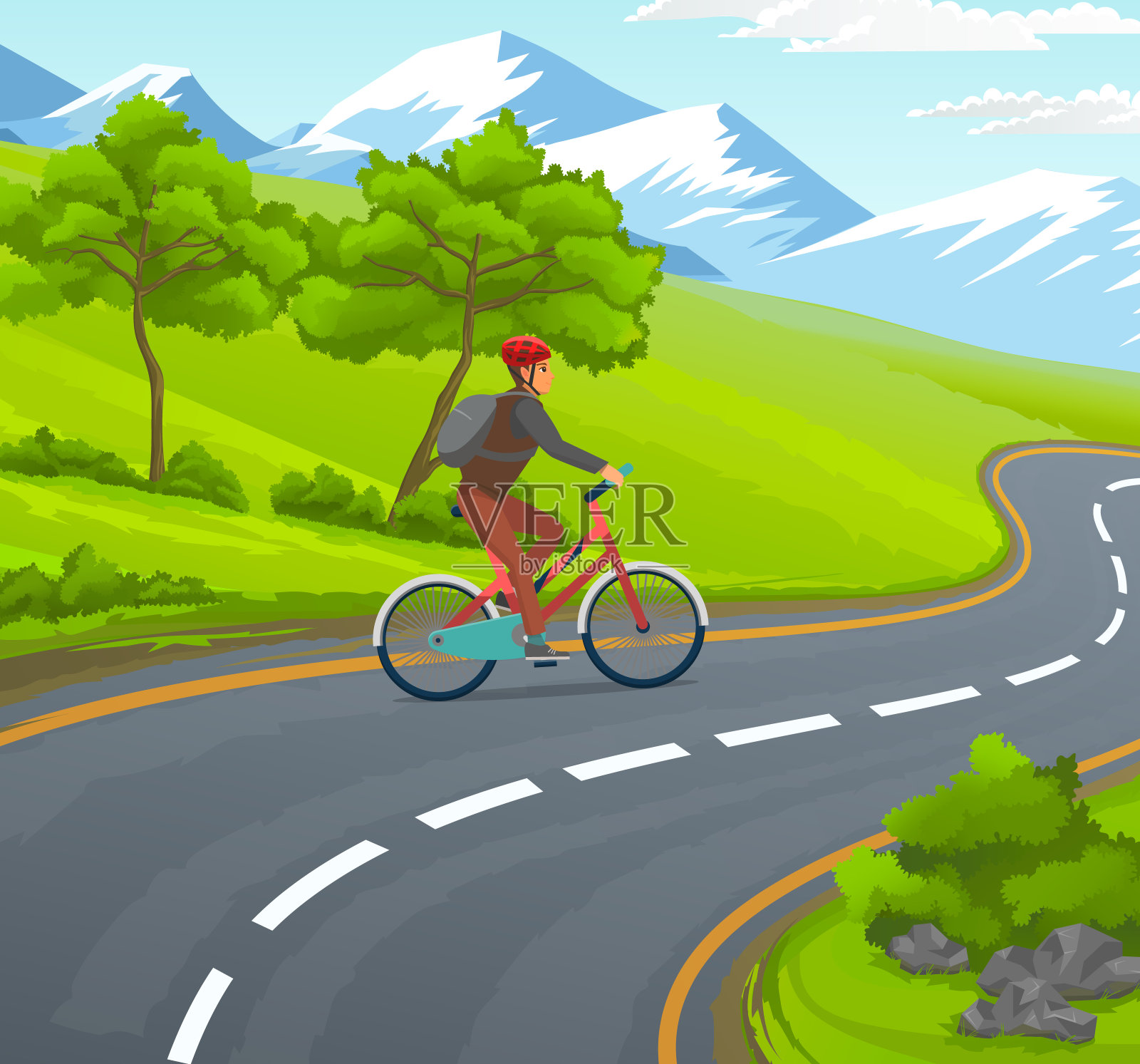 人或旅行者骑着自行车，在柏油路上，青山绿水，曲径通幽插画图片素材