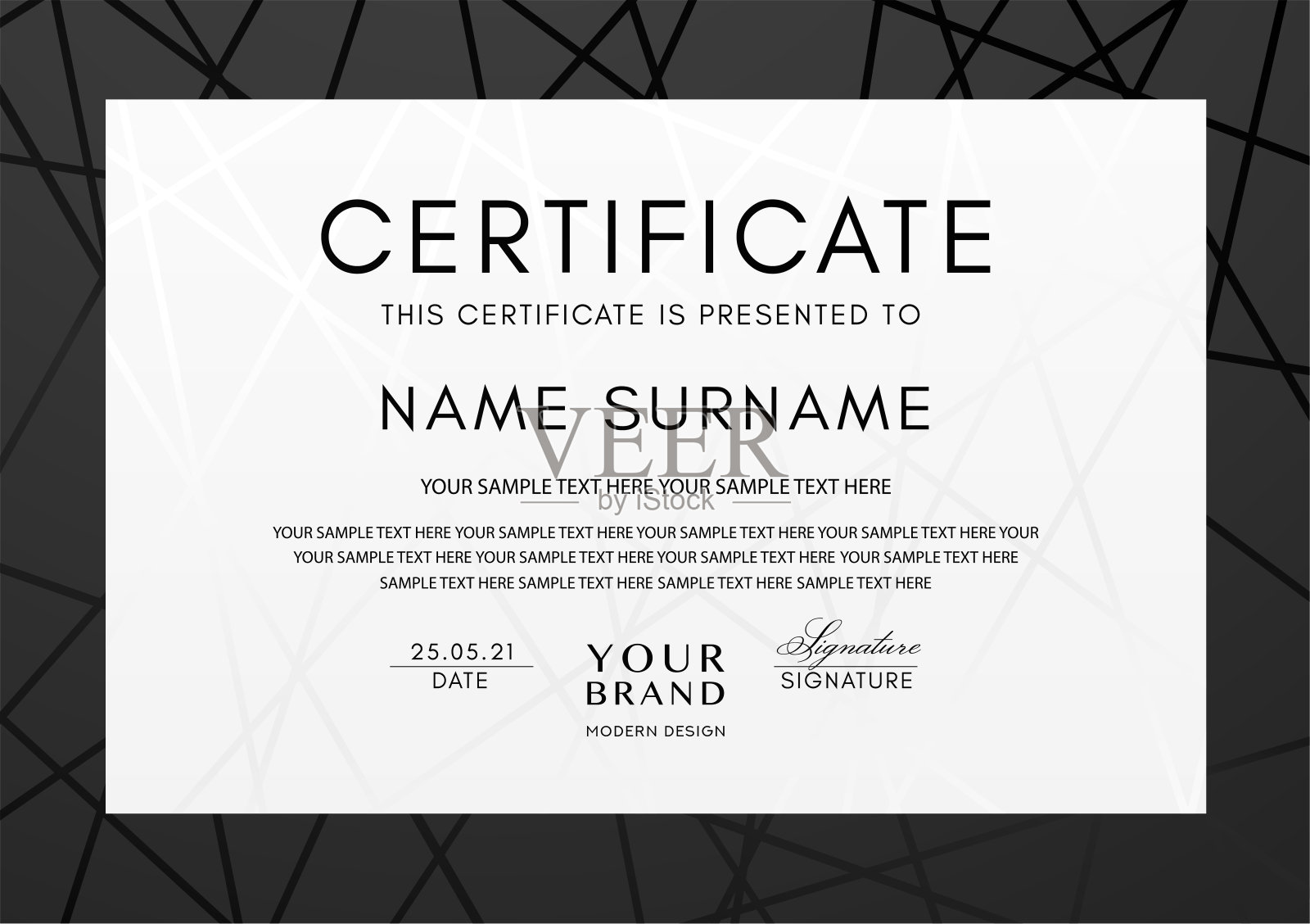 证书模板与黑色线模式框架和几何白色背景插画图片素材