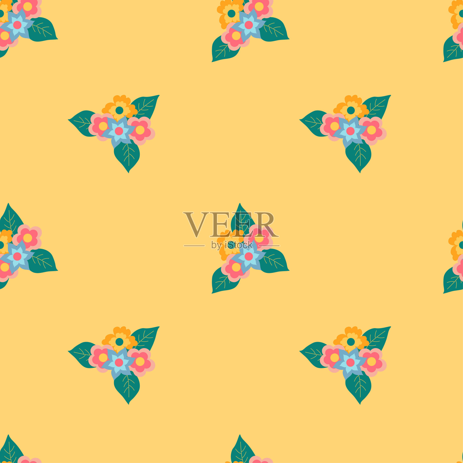 无缝插图与花在黄色的背景。春天的花。插画图片素材