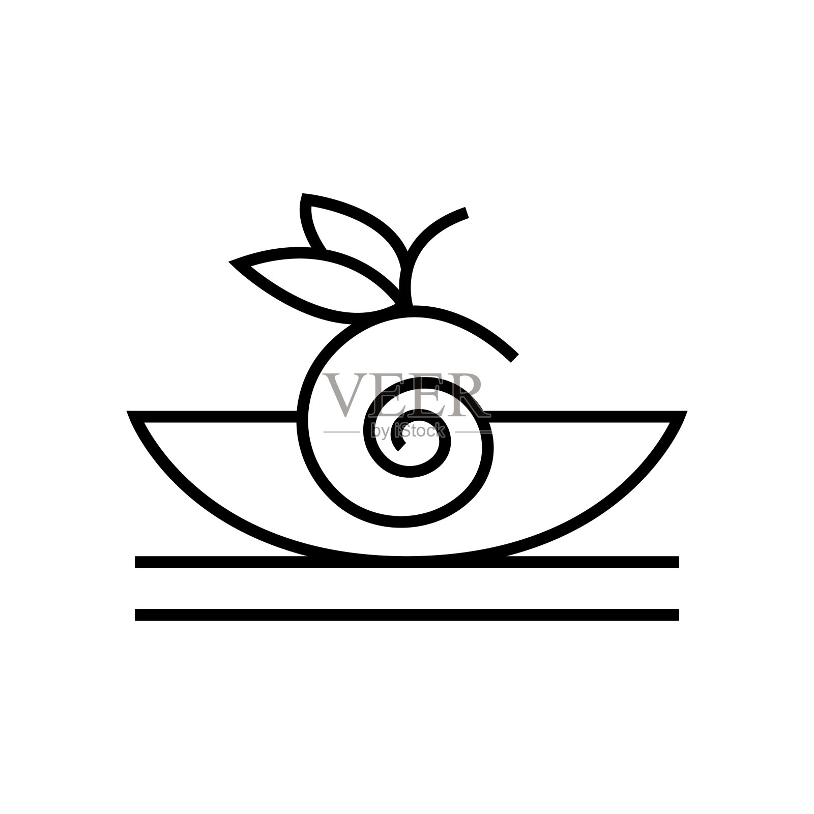 矢量标志，其抽象形象的苹果在一个线性风格的盘子。插画图片素材