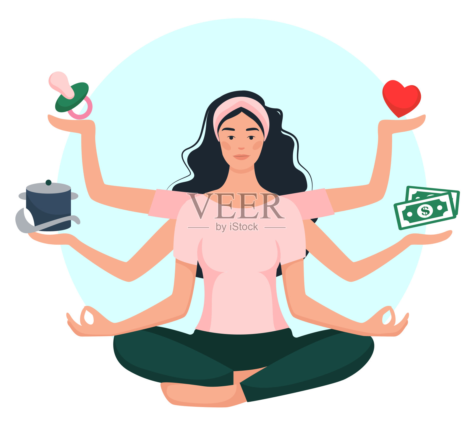 年轻的女人微笑。多任务。平衡的生活。矢量插图在卡通风格插画图片素材